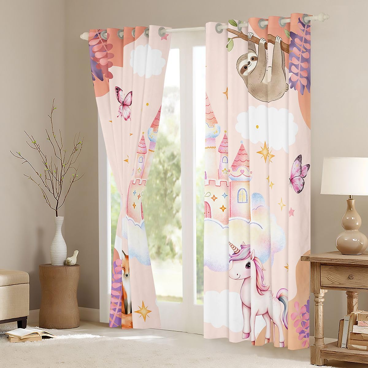 Homemissing Pink Castle - Cortinas opacas con diseño de princesa, arcoíris, para dormitorio, sala de estar, decoración de hadas con aislamiento térmico, 2 paneles, 66 x 90 pulgadas