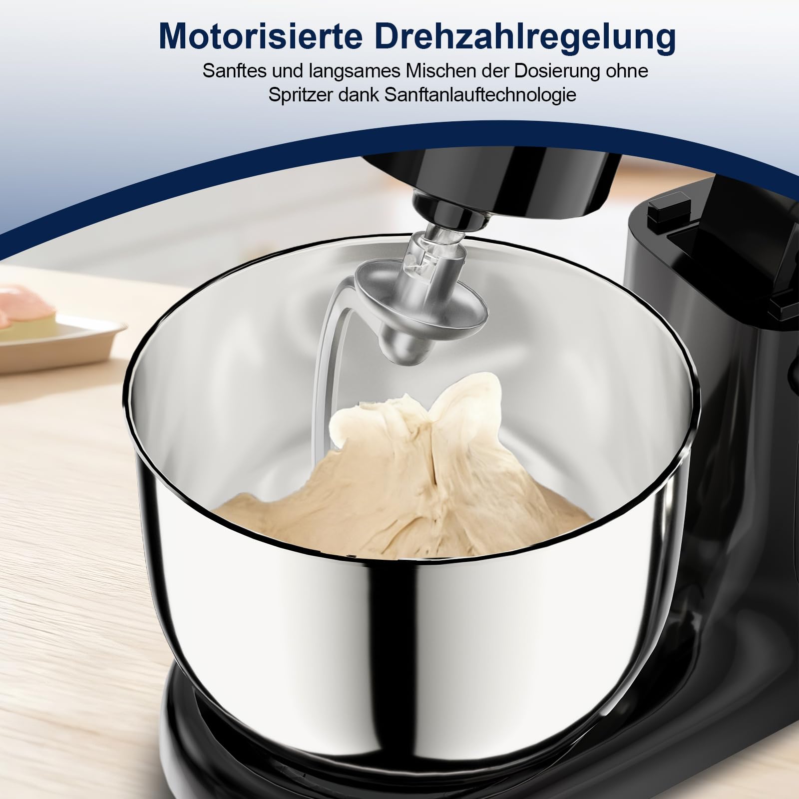 Camic Küchenmaschine mit 3 Zubehörteilen (Knet-, Rühr-, Schneebesen),Teigmaschine mit LED-Display, Zeit einstellen, 10 Geschwindigkeitsstufen, 2 Edelstahlschüsseln 4L+5L, für Teig, Brot, Pizza, Kuchen