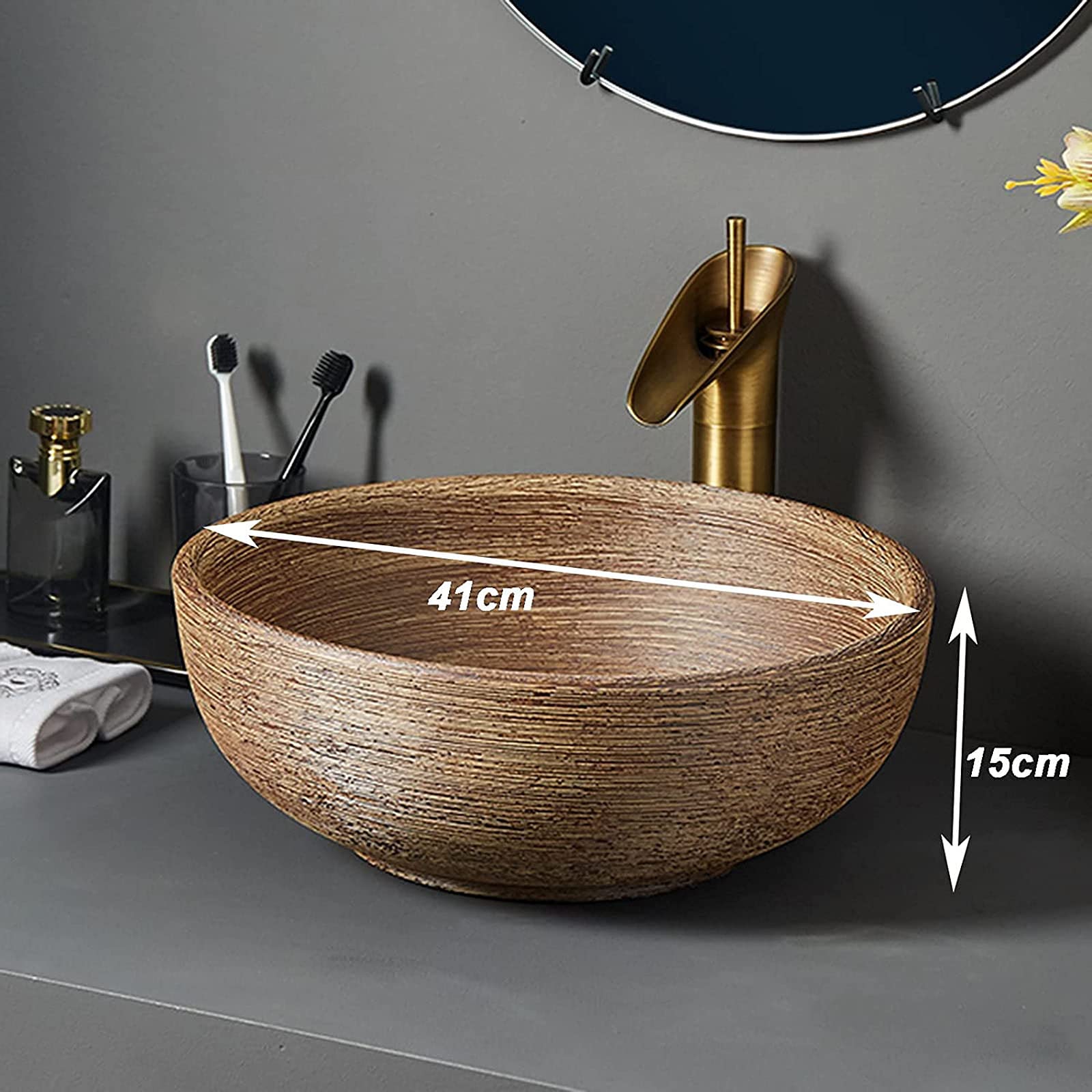 Umywalka ceramiczna nablatowa, umywalki nablatowe, okrągła miska umywalkowa z odpływem, umywalka Art Basin do szafki łazienkowej