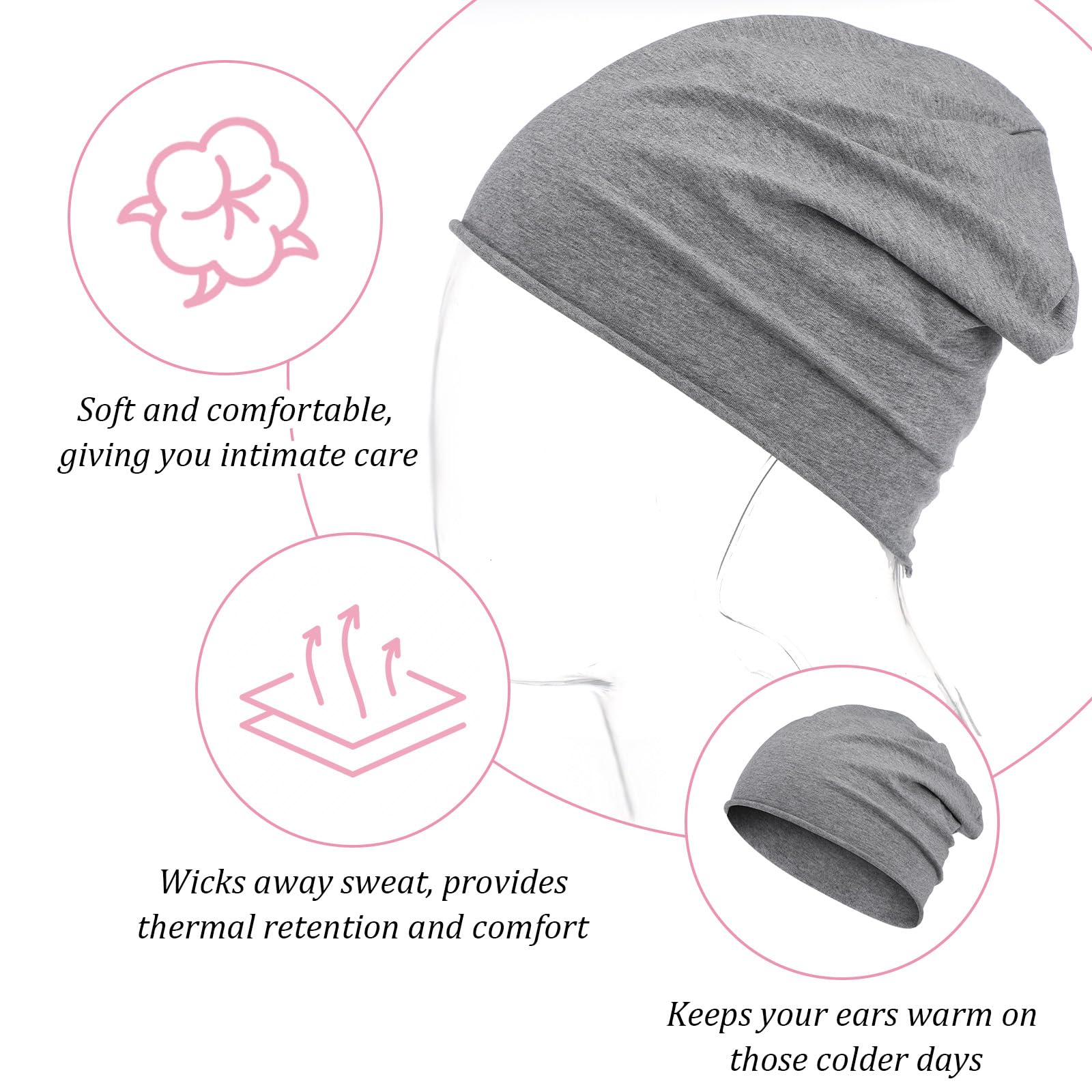 3 sztuki damskich czapek beanie, cienkie bawełniane czapki męskie i damskie, elastyczna czapka do biegania, oddychająca czapka do jogi, snu i na co dzień, czarna, szara, różowa