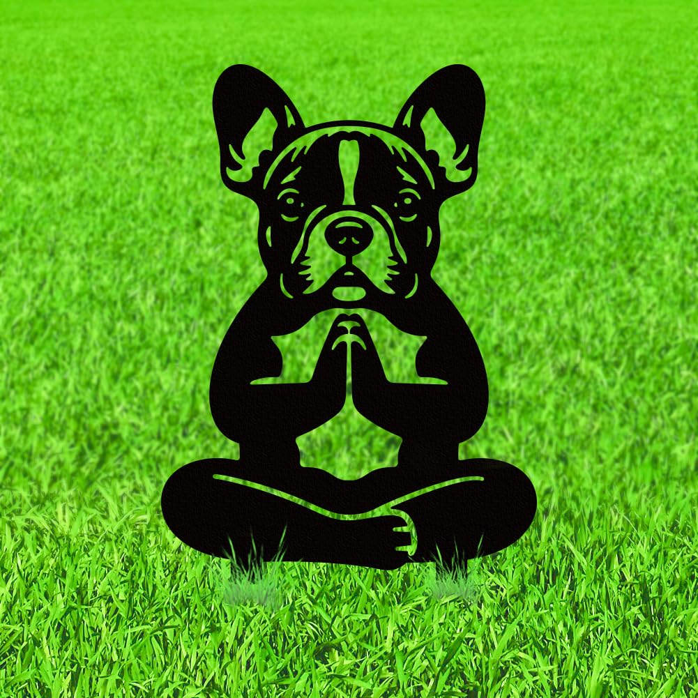 WADORN Meditation French Bulldog Metal Decorative Garden Stakes, Black Yoga Zen Dog Outdoor Statues Silhouette Funny Bulldog Lover Gifts Stakes Ornaments for Yard Art Garden Patio Backyard Lawn Decor