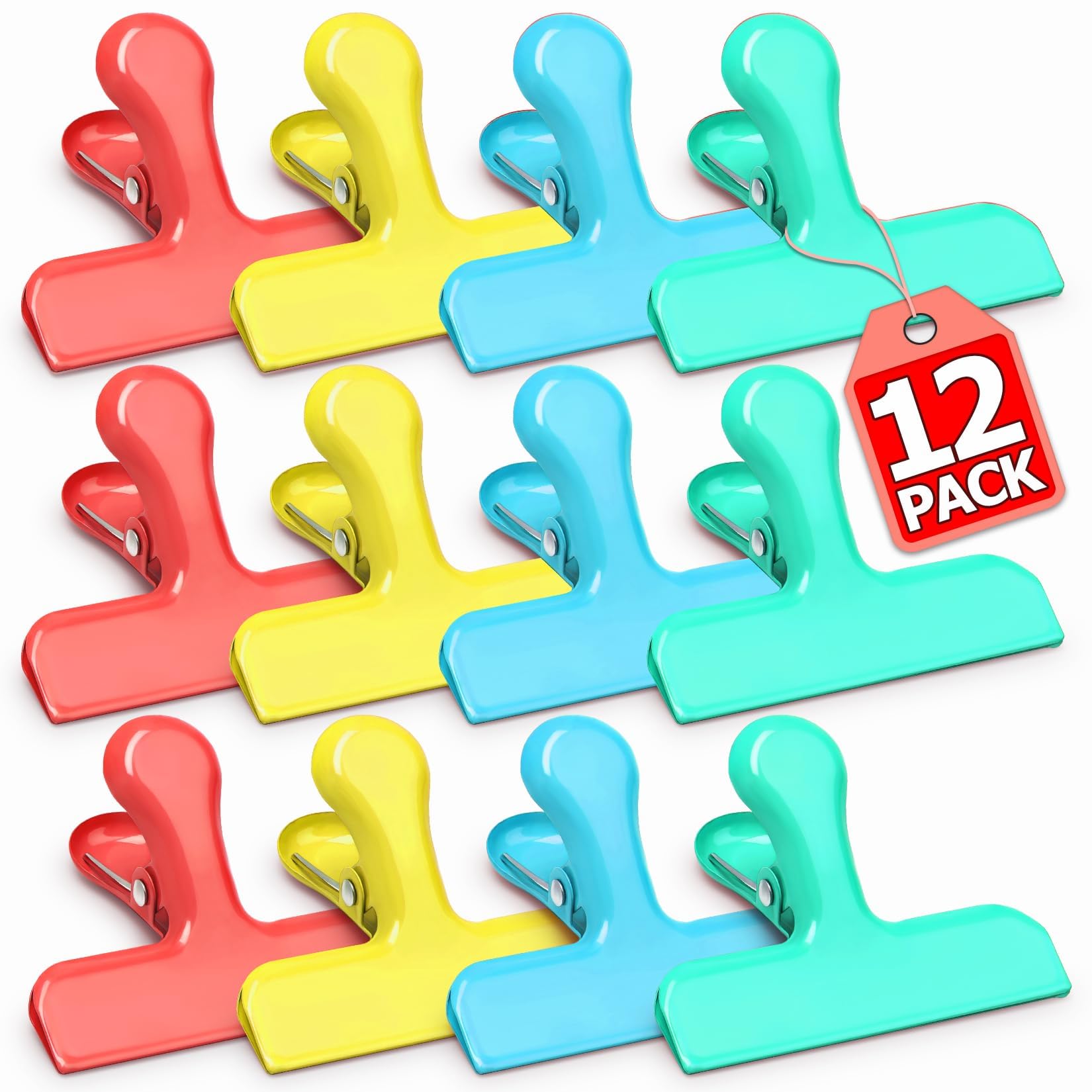 Chip Bag Clips, 12 Pack Heavy Duty Chip Clips & Food Clip, Air Tight Seal Bag Clip for Kitchen and Office to Seal Coffee Bags, Paper Sheets (Multi-Color)