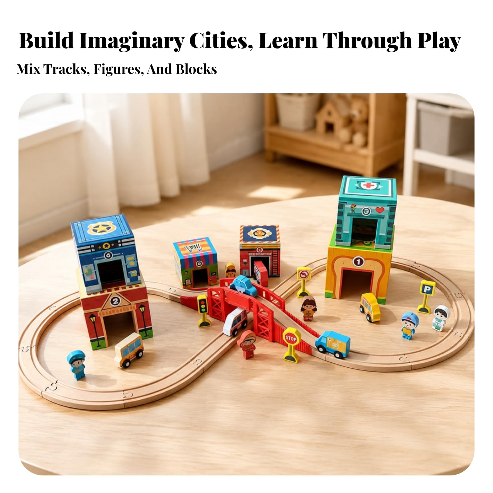 Set Juego Transporte para Apilar Compacto, Juguete Tráfico Apilable con Edificios Dibujados, Interactivo, Set Tráfico Infantil con Vehículos y Señales