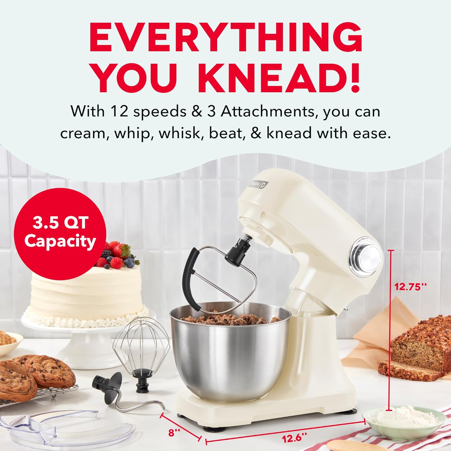 dash 3.5qt tilt-head stand mixer - electric stand mixer with stainless steel bowl and splash guard for baking - cream, 3.5-quart 3.5 quart cream