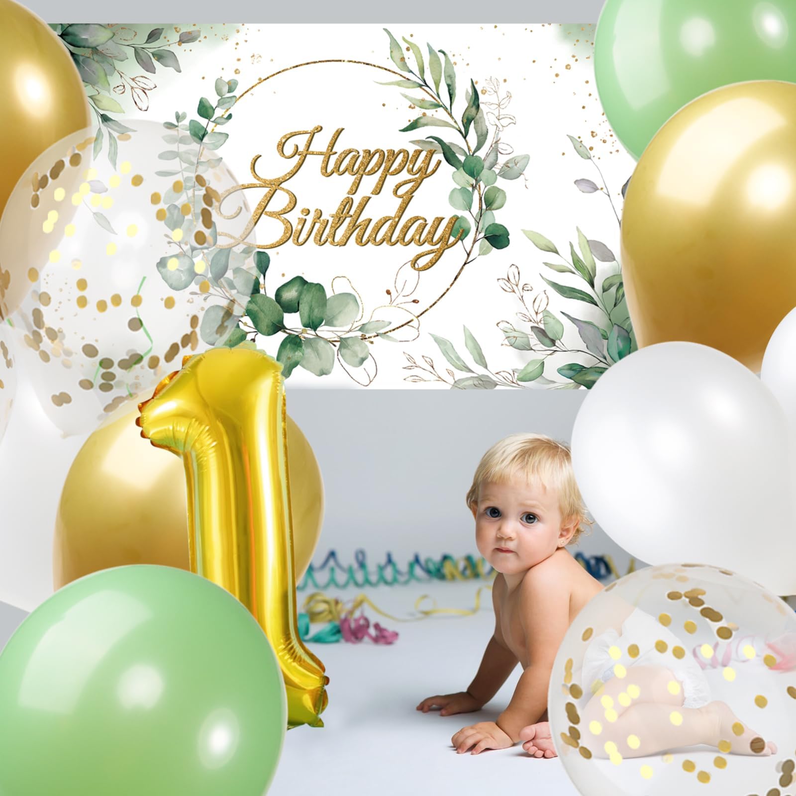 Set Decorazione Compleanno - Banner 180x110 Cm + 12 Palloncini, Tema Foglie Verdi E Oro