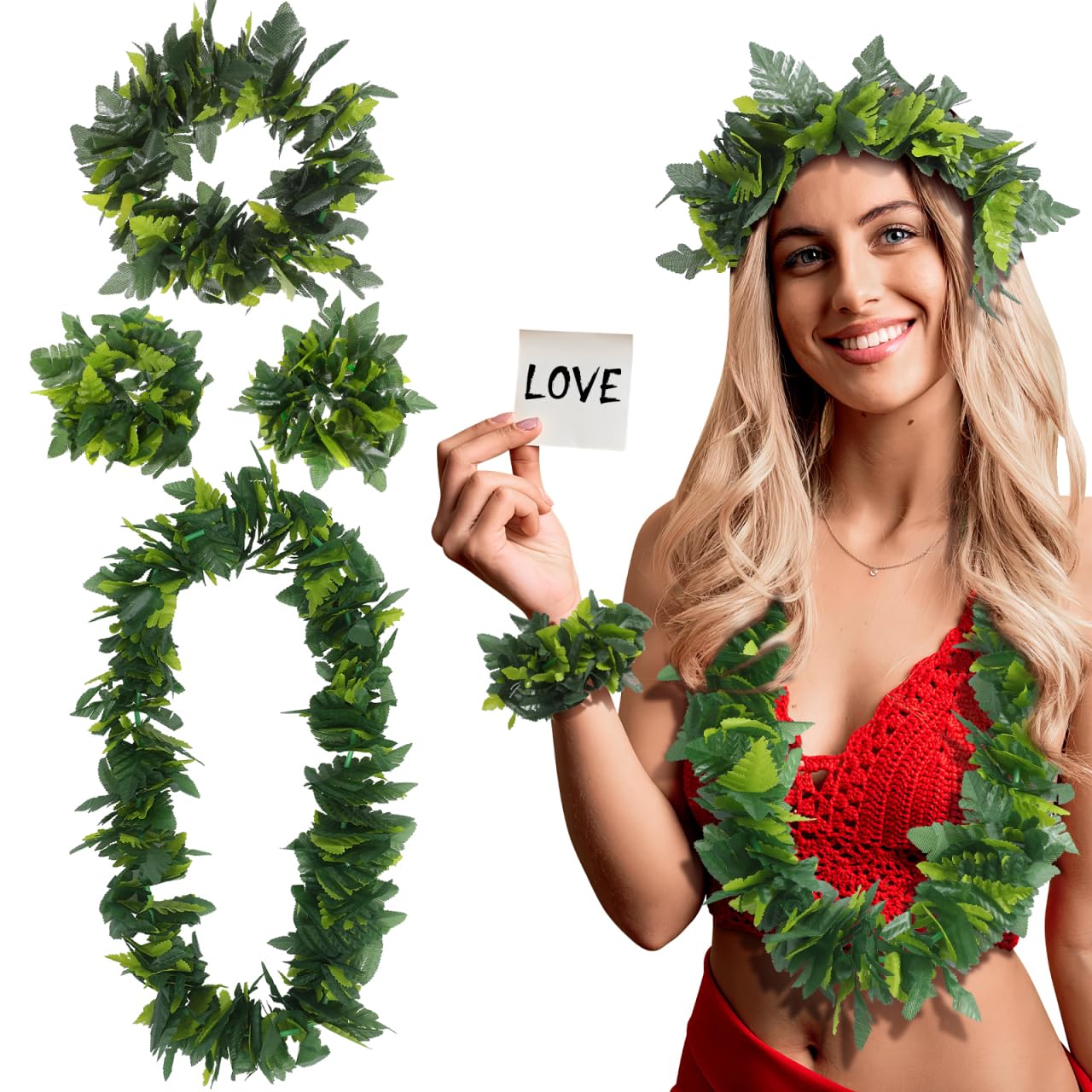 GALPADA 1 Set Hawaiian Party Garland Leaves Headband Necklace Bracelet Set Tropical Luau Decorations, Green, Medium