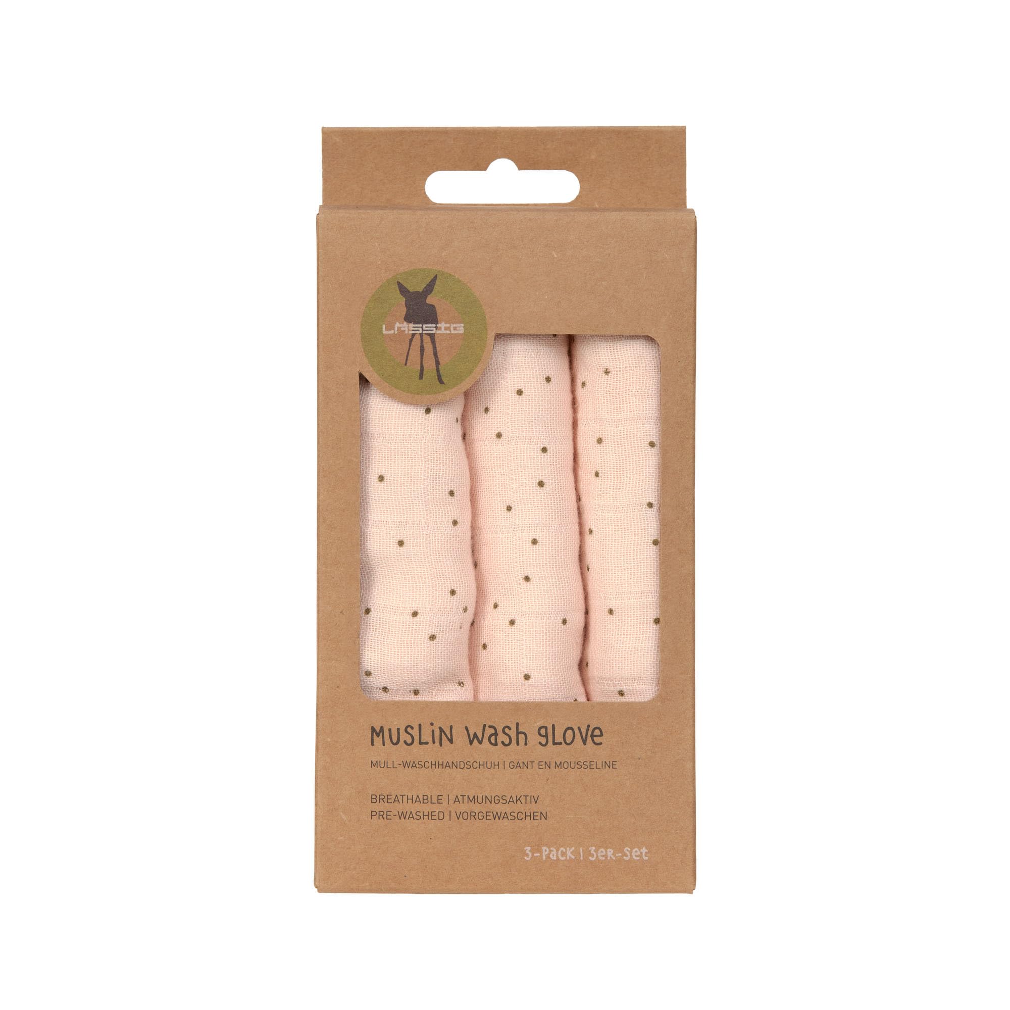 LÄSSIG Bébé Mousseline Gant de toilette Set 3 pcs/Muslin Wash Glove Set 3 pcs Dots peach rose