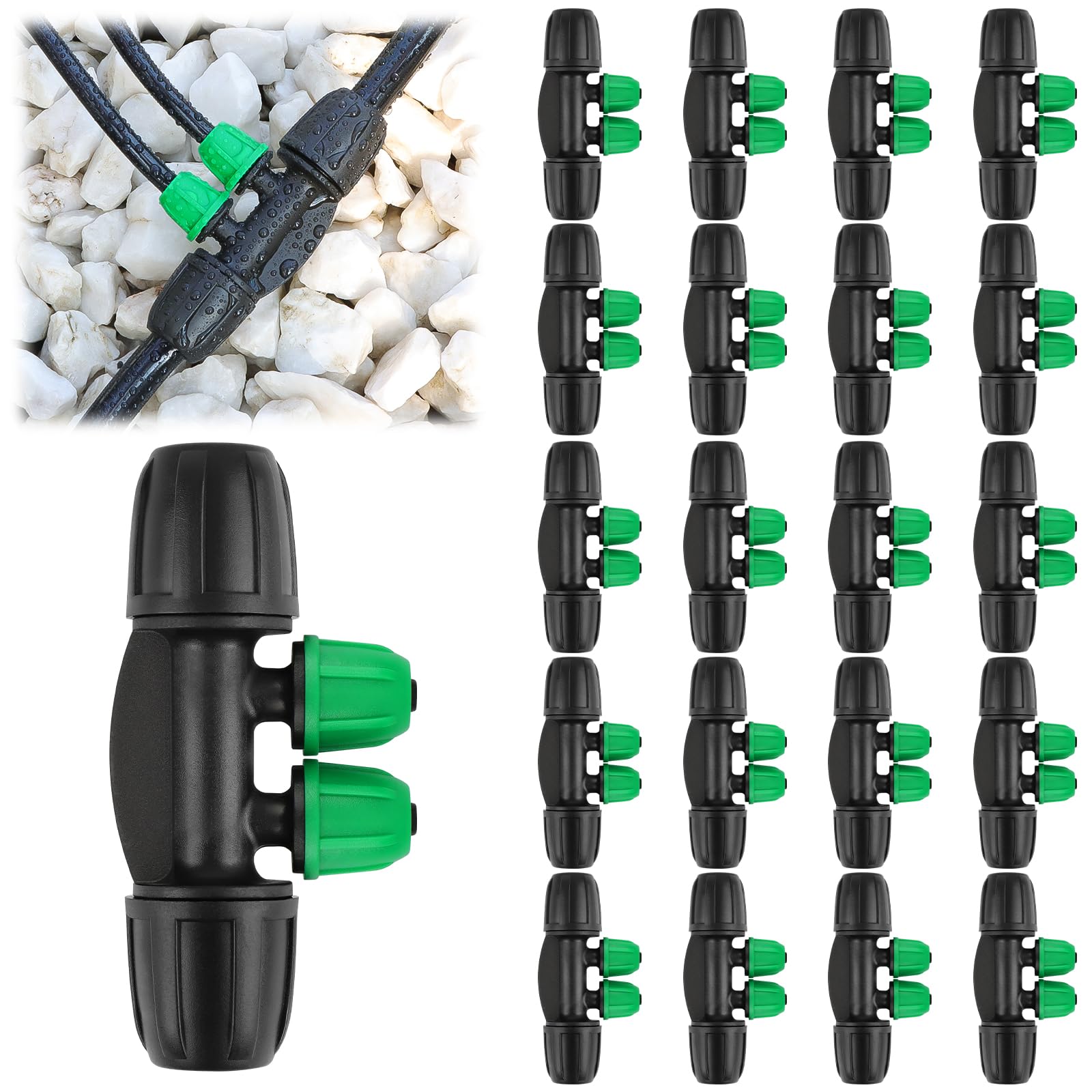 Kalolary 20PCS Locked Barbed Tee Connectors, 5/16" to 1/4" Drip Irrigation Fittings Kit 8/12mm to 4/7mm Tube Lock Female Connector 4-Way Barbed Lock