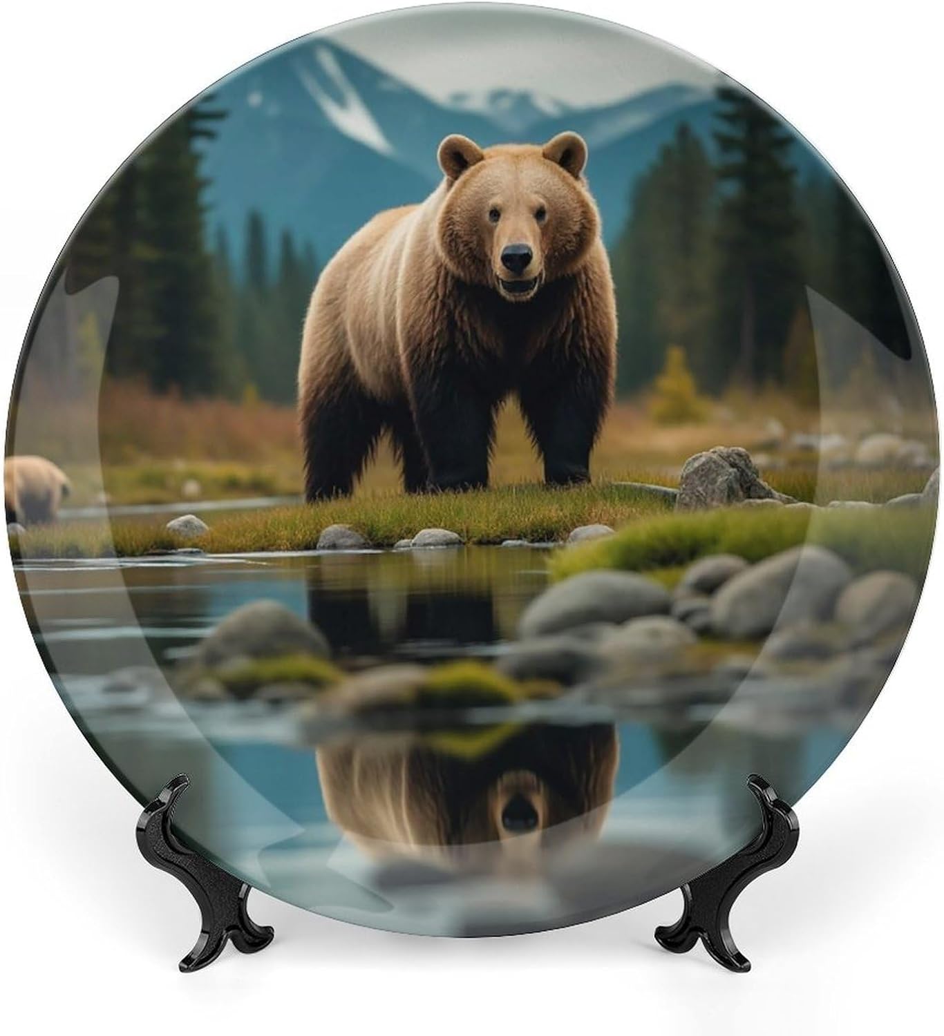 River Bear Mom Decorative Ceramic Plate Round Porcelain Plate Decor Personalized Bone China Decorative Plates Ceramic Ornaments Dessert Plates with Display Stand 8inch