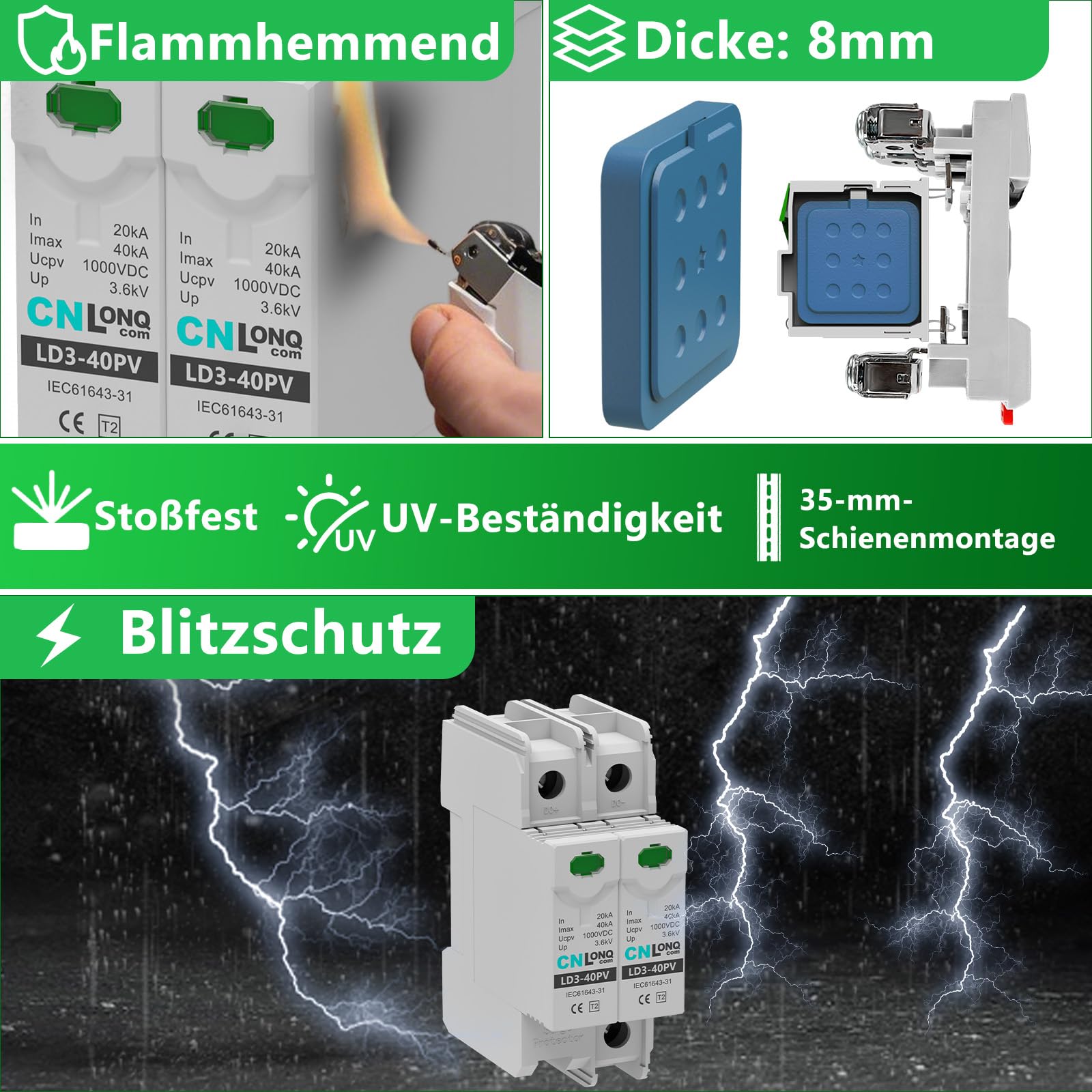 CNLONQ 2 Stück DC Überspannungsschutz PV Anlage DC1000V 2P 20kA/40kA 2P T2 Überspannungsableiter Blitzschutz Für Solar-Photovoltaik 35mm DIN-Schienenmontage
