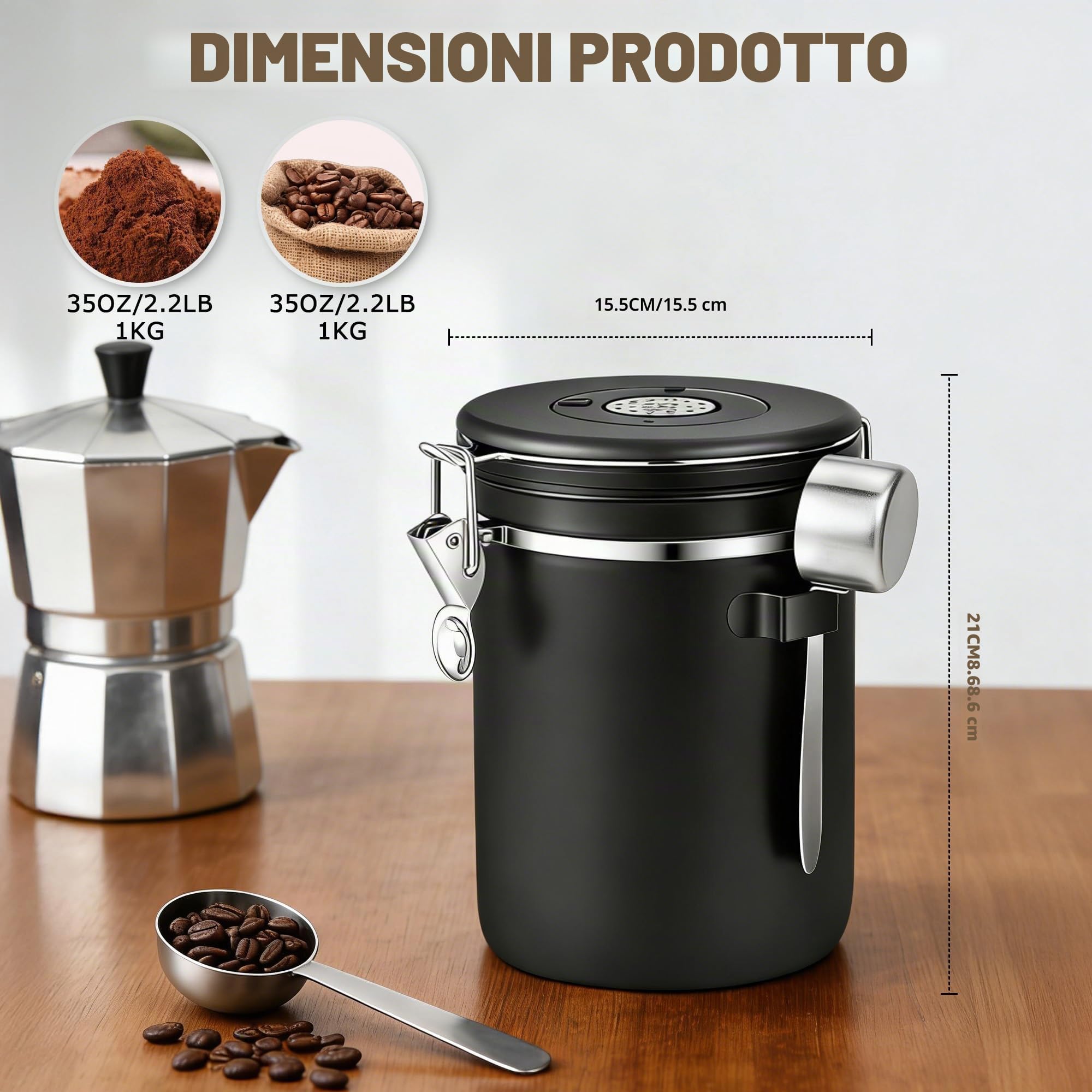 Barattolo Ermetico per Chicchi di Caffè da 1 KG, Contenitore per Chicchi in Acciaio Inox, 2.8L, Sottovuoto per Chicchi di Caffè, Polvere di Caffè, Tè, Zucchero