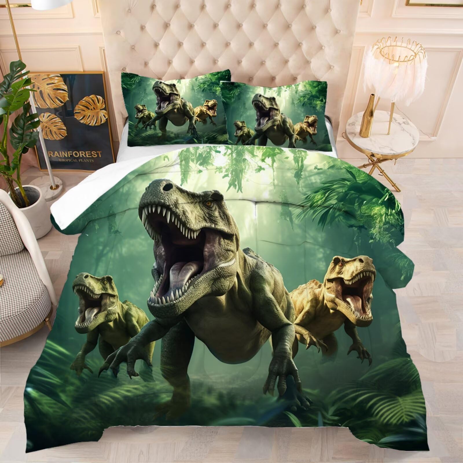 VTKON Dino Bedding Set Queen Size for Boys Dino Comforter for Kids 3 Pieces Dinosaur Comforter Set Bed in A Bag T-Rex Dinosaur Comforter Set for Home Decor