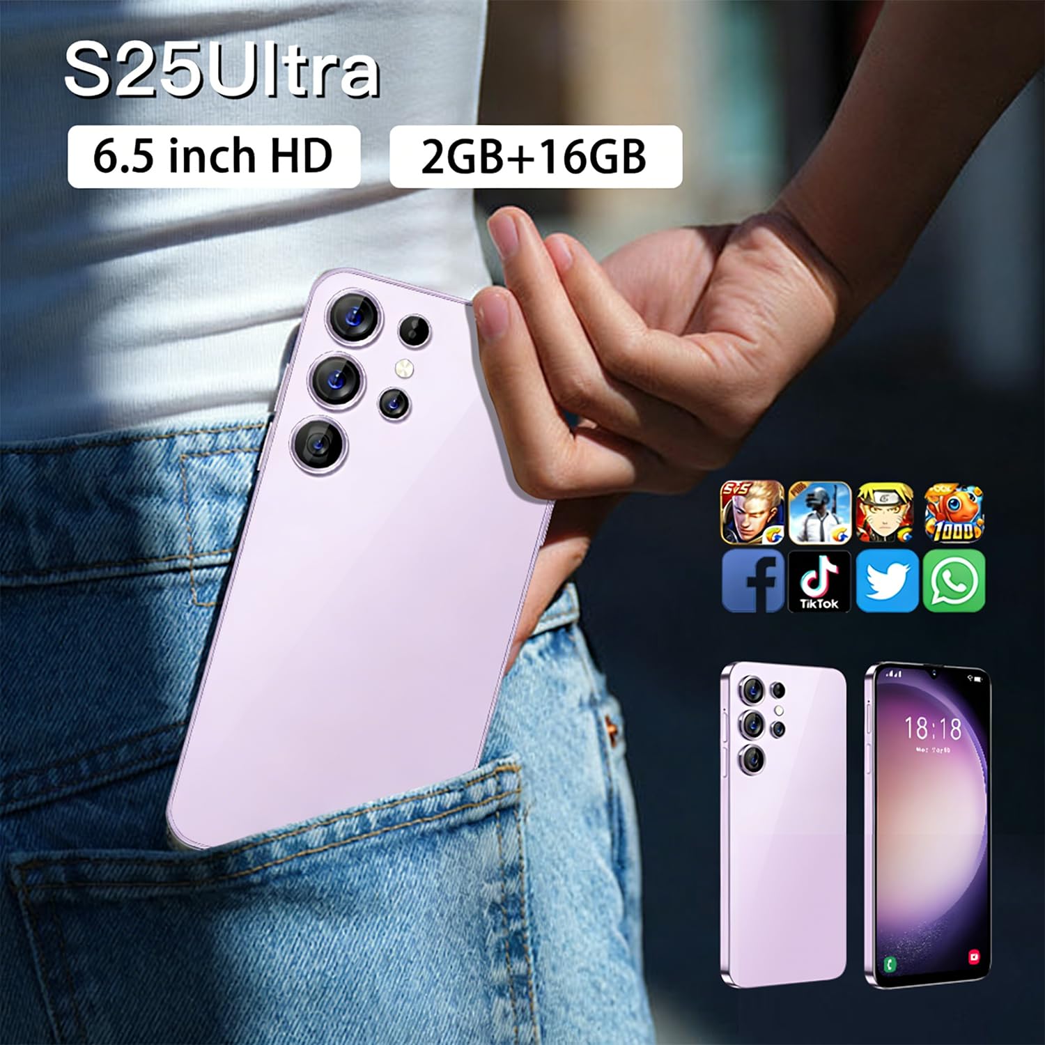 McMgc S25Ultra Téléphone Portable Pas Cher Android, écran 6,5 Pouces HD, 16Go (SD 128Go), 3 Fentes (Double SIM+SD), Batterie 5000mAh, Caméras 8MP+13MP, Déverrouillage Facial (Light Purple)