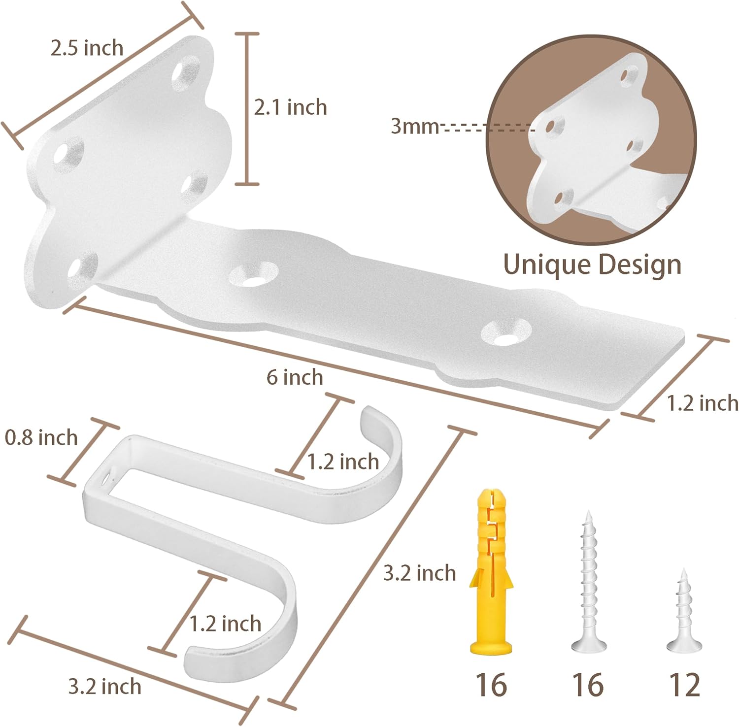 SOGAL 6 Inch White Shelf Brackets, 4 Pack Heavy Duty Floating Shelf Supports Brackets with 4 Detachable Hooks, Decorative Wall Mounted L Brackets for Bathroom, Kitchen & Home Storage