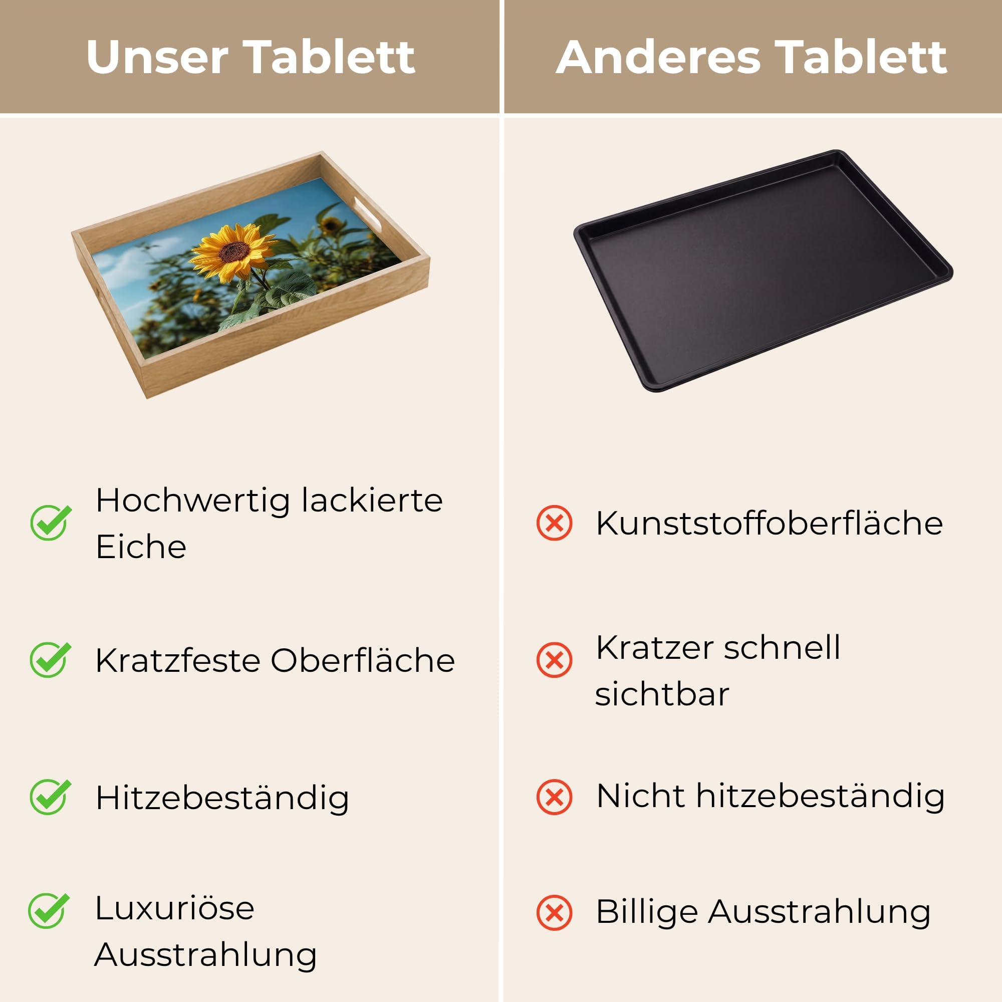 Tablett Rechteckig 40x30 cm Serviertablett rutschfest Griff Küchentablett Servierplatte Eiche Holztablett Henkel Hitzebeständig Sonnenblumen - Strahlend Blauer Himmel - Gras