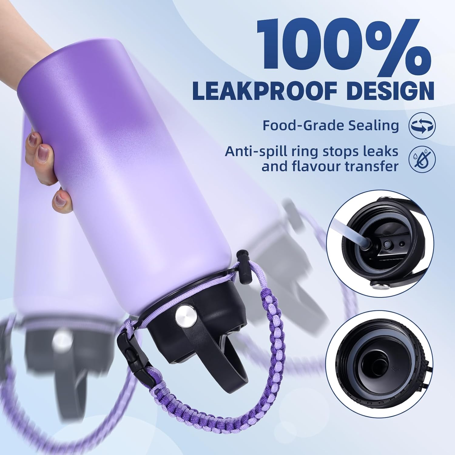 Insulated Water Bottle, 32 oz Stainless Steel Wide Mouth Water Bottles with 2 Leak Proof Lid and Paracord Handle, Double Wall Vacuum Insulated Sports Water Bottle, Gradient Purple - Image 7