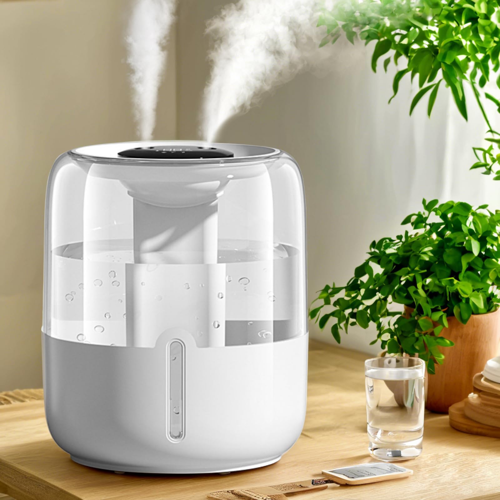 Air Humidifier, 4L Large Capacity USB Dual Spray Humidifier, Night Light, Three Spray Modes, Humidity & Mode Display, Auto Shut Off, Quiet, for Bedroom Babies Room Desktop Office (White) - White