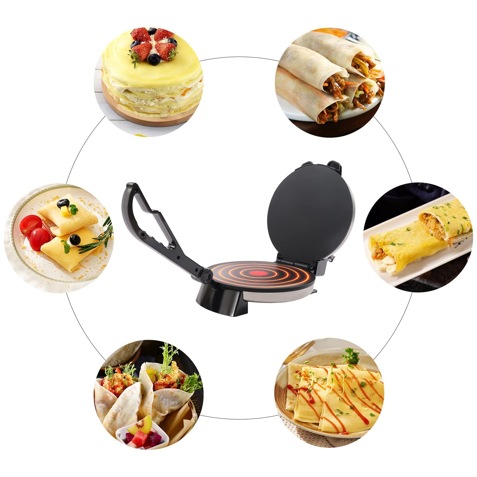 Roti Maker, 1800 W Acero Inoxidable Chapati Tortilla Maker Tortilla Prensa Antiadherente Chapati Tortilla Calefacción Doble Cara Crepes