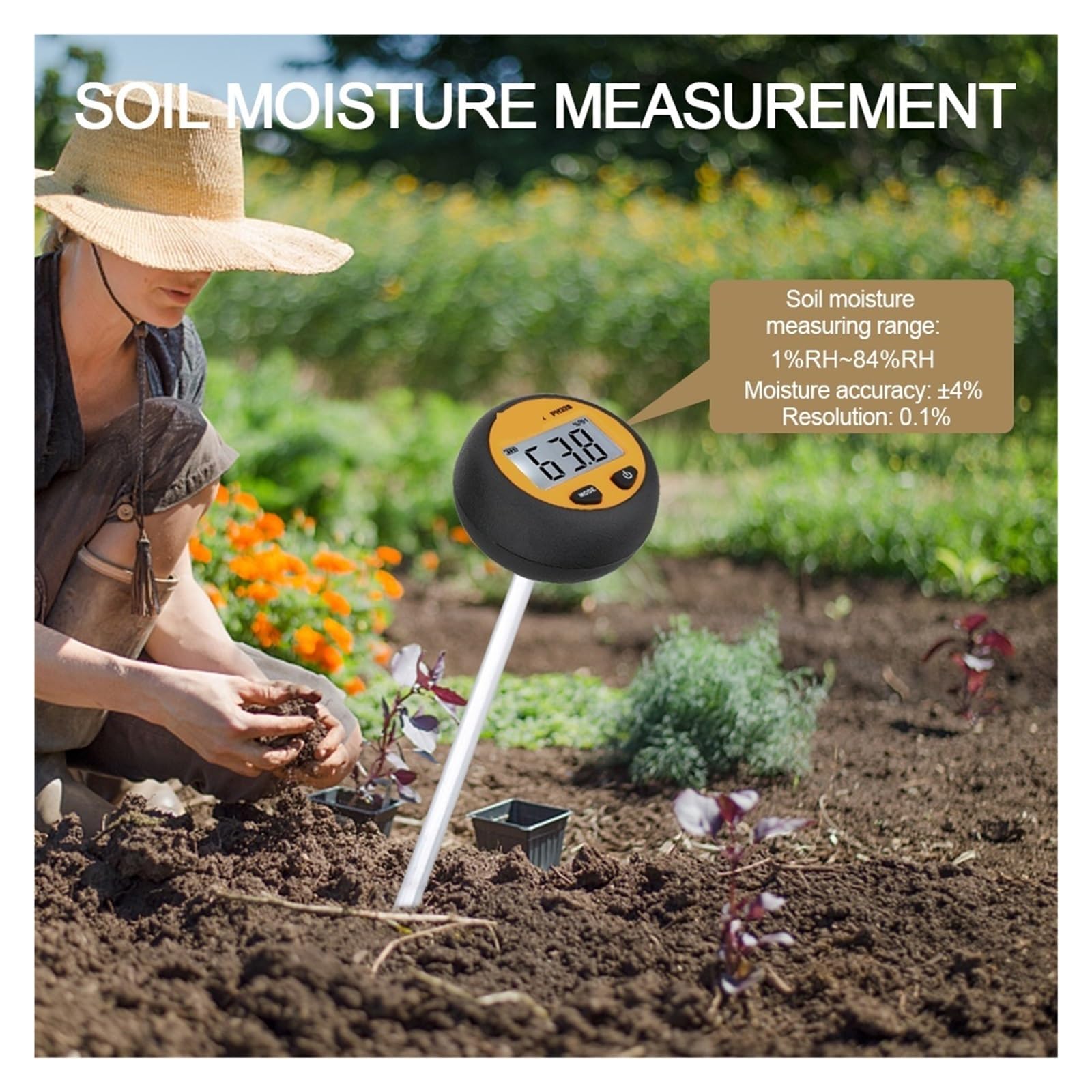 Testeur de Sol, Testeur de pH et d'acidité du Sol 3 en 1, testeur température d'humidité for l'agriculture Florale avec détecteur rétroéclairé
