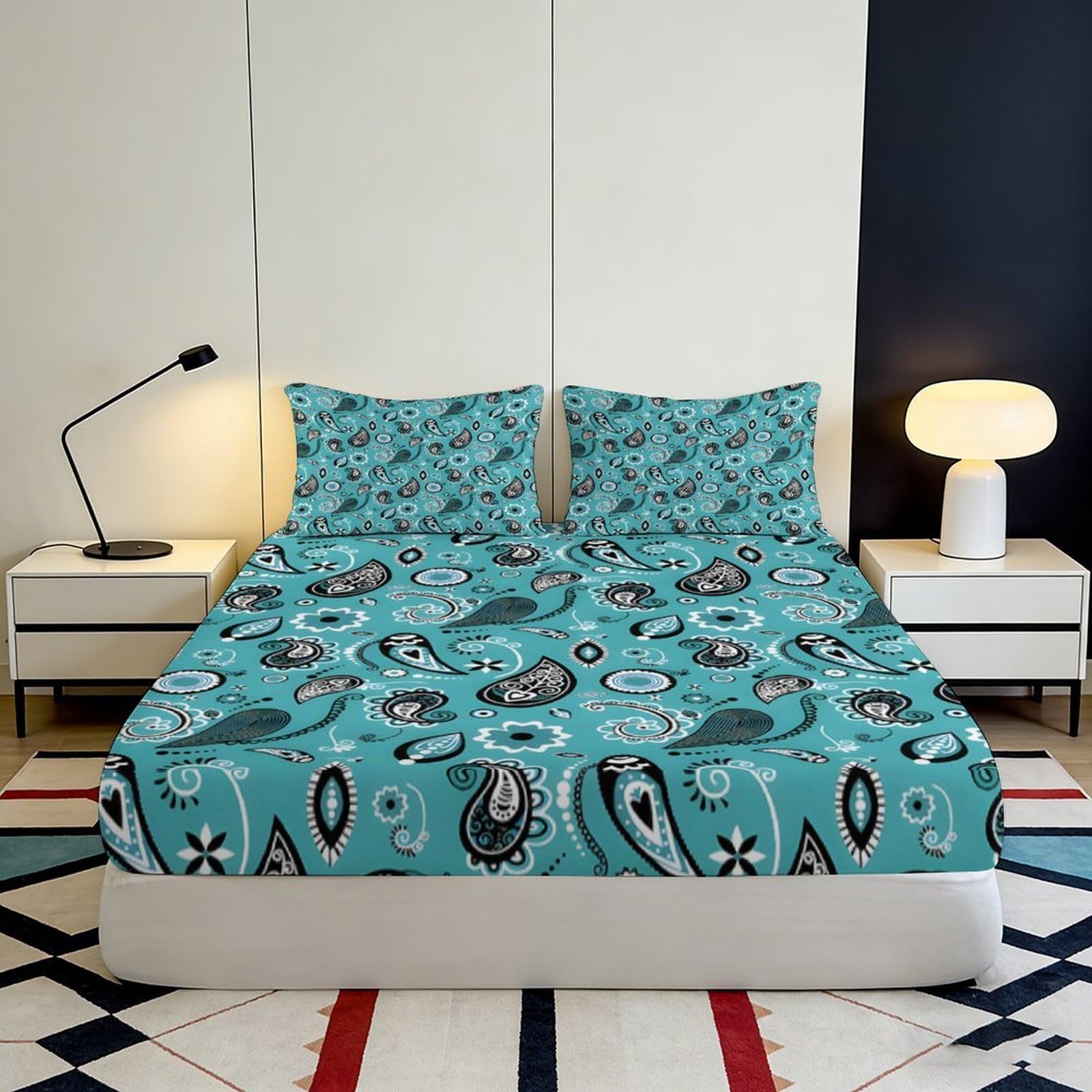 3D Gedrucktes Paisley Muster Spannbettlaken Mikrofaser Tiefe Tasche rutschfest Schlafzimmer Bettwaren Paisley Matratze Spannbezug Waschbar Rundum Matratzenschutz 200x200x25cm