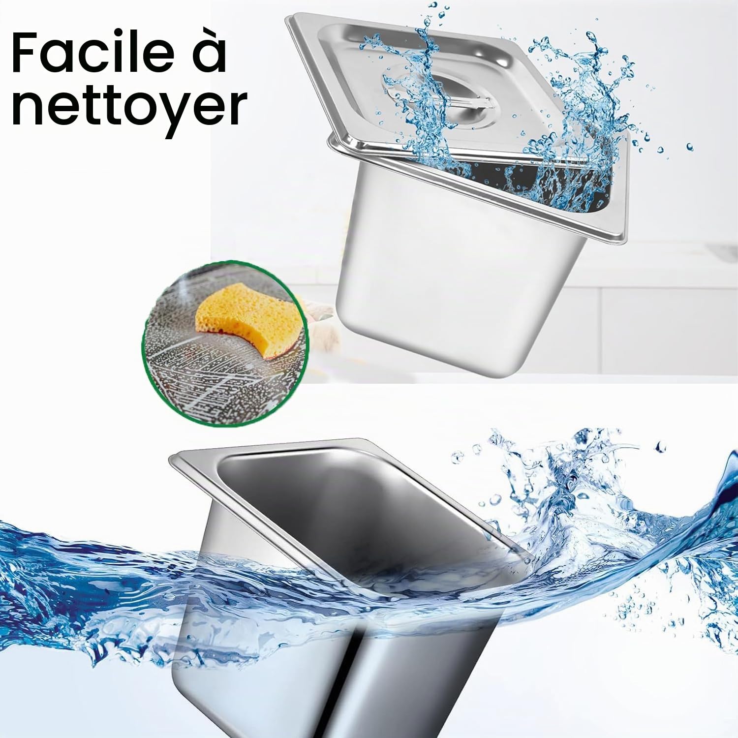 Lot de 3 récipients en acier inoxydable 1/6 avec couvercle, Récipients de conservation au chaud, récipient gastronorme alimentaire en inoxydable, résistant à la chaleur, 17,5 x 16 x 15 cm