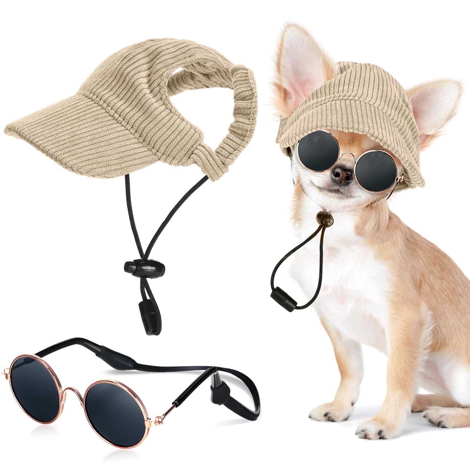 Jadive Medium Dog Sun Hat with Ear Holes, Dog Cat Sunglasses with Anti-Slip Silicone Rope Baseball Cap Adjustable Puppy Sunbonnet Headdress Beach Visor Hat for Puppies Summer Outdoor(Khaki)