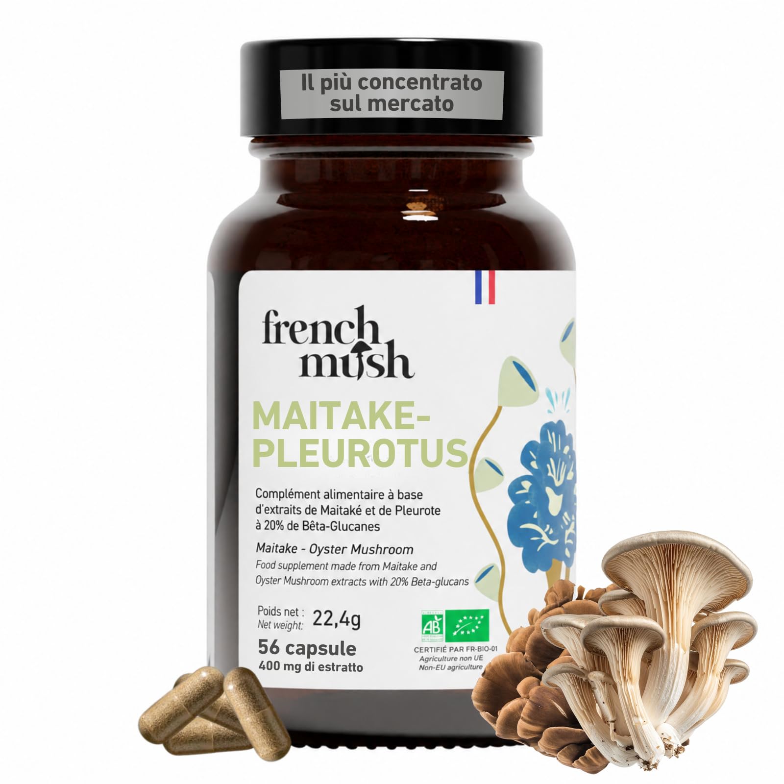French Mush Duo Maitake & Pleurotus Bio – 56 Capsule Vegane - Digestione e Metabolismo - Estratti Concentrati 50/50 (20% Beta-Glucani) - 2 Capsule/Giorno - 100% Bio e Prodotto in Francia