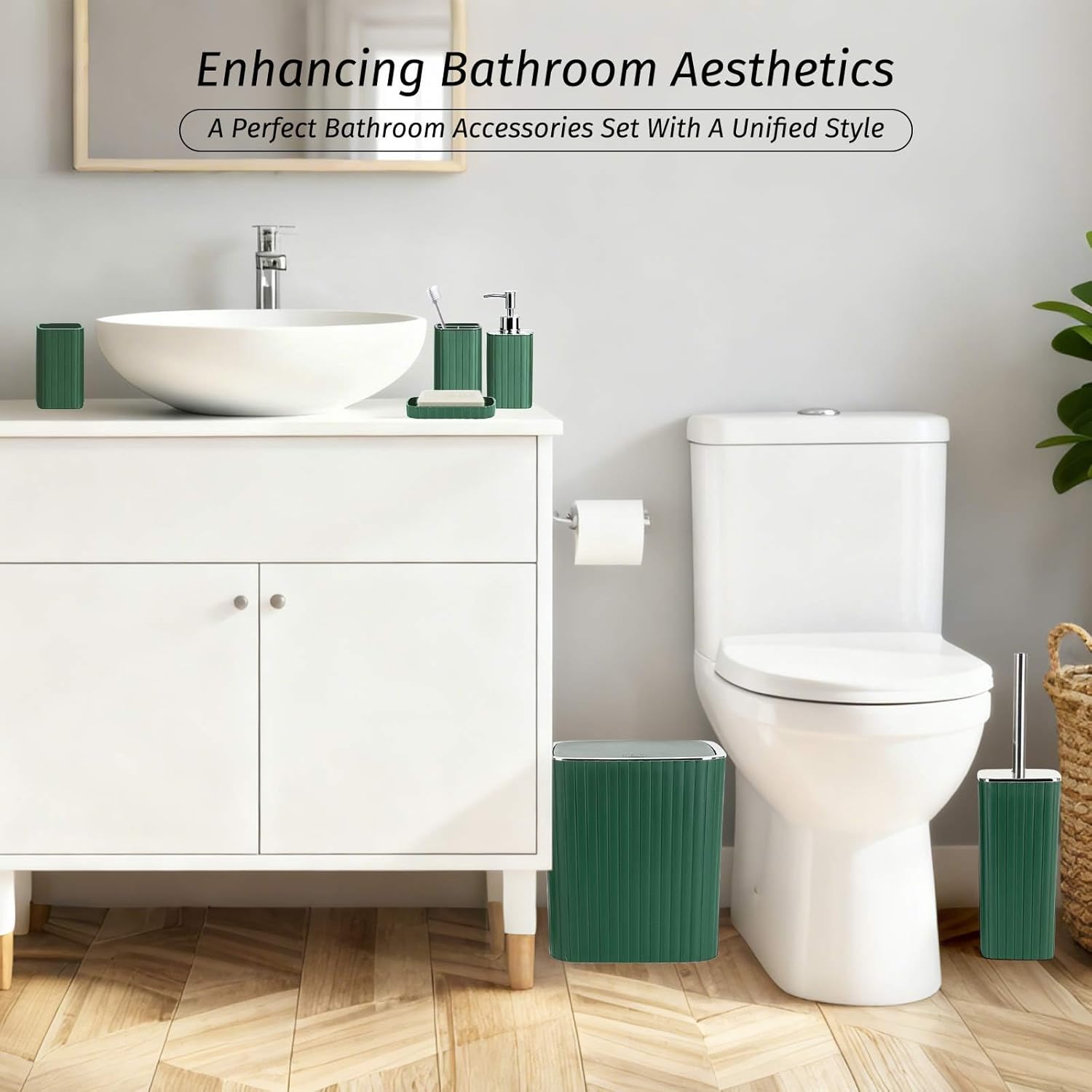 Bathroom Accessories Set, 21Pcs Green&Silver Bathroom Set, Including Shower Curtain, Toothbrush Holder, Trash Can, Toilet Brush, Bathroom Soap Dispenser Set for Bathroom Decor