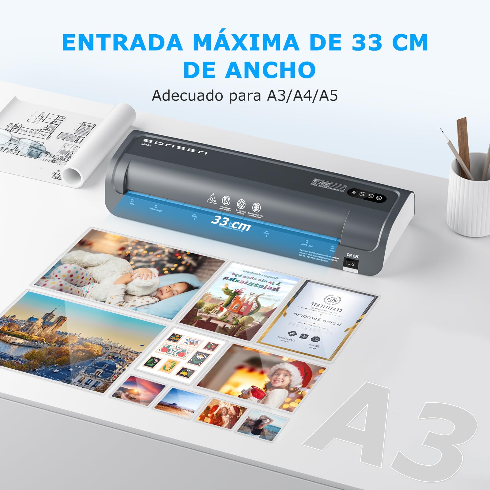 BONSEN Plastificadora A3 con Tecnología Anti-Atasco, 100 Fundas, Control de Temperatura NTC Preciso, Plastificación Rápida para Hogar, Oficina y Escuela, L3402