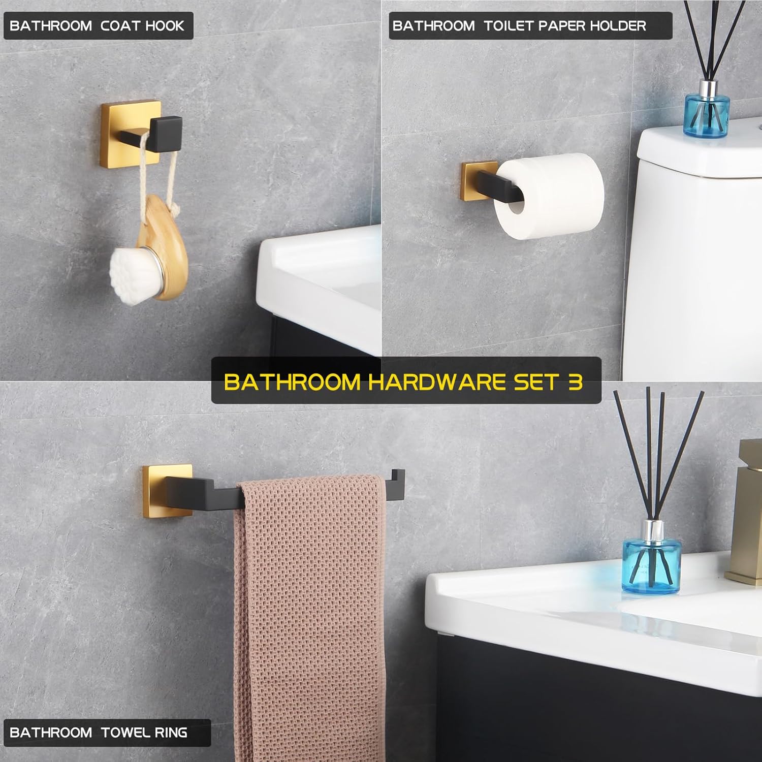 GERZWY Bathroom Hardware Accessories Sets Stainless Steel 3-Pieces - Robe Hook Toilet Paper Holder Towel Ring (Black & Gold) FG16567-3BD