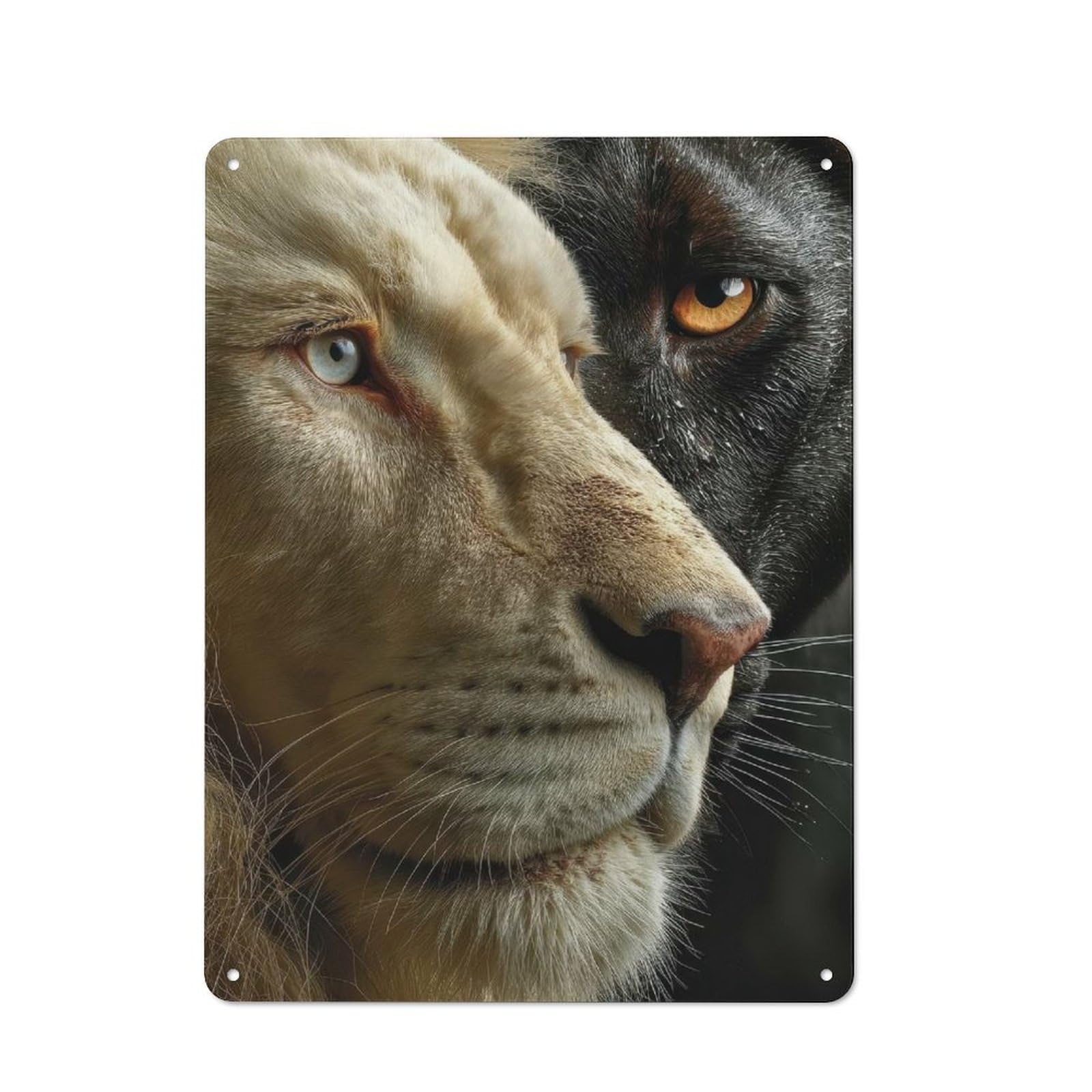 Junmoney White Lion And Black Panther Rustic Metal Sign 40X30cm For Guest Room Or Hallway, Suited To Hallway Wall Decor Fans