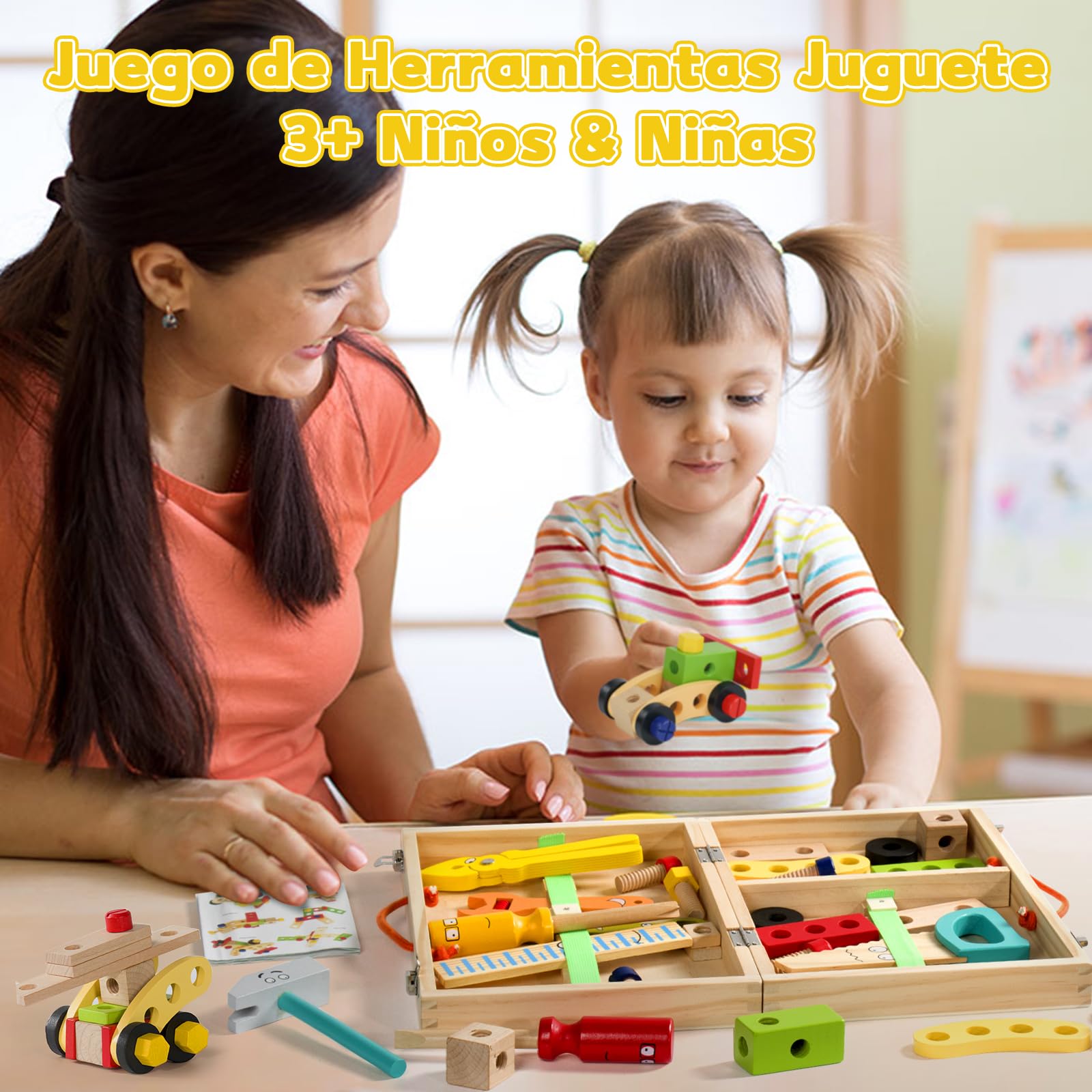 TONZE Caja Herramientas Juguetes Niños 3 Años Juguetes Madera Juegos Educativos 3 Años Regalo Niña 3 4 5 Años Bricolaje Construcciones Juguete Manualidades Maletin Herramientas (35 Piezas)