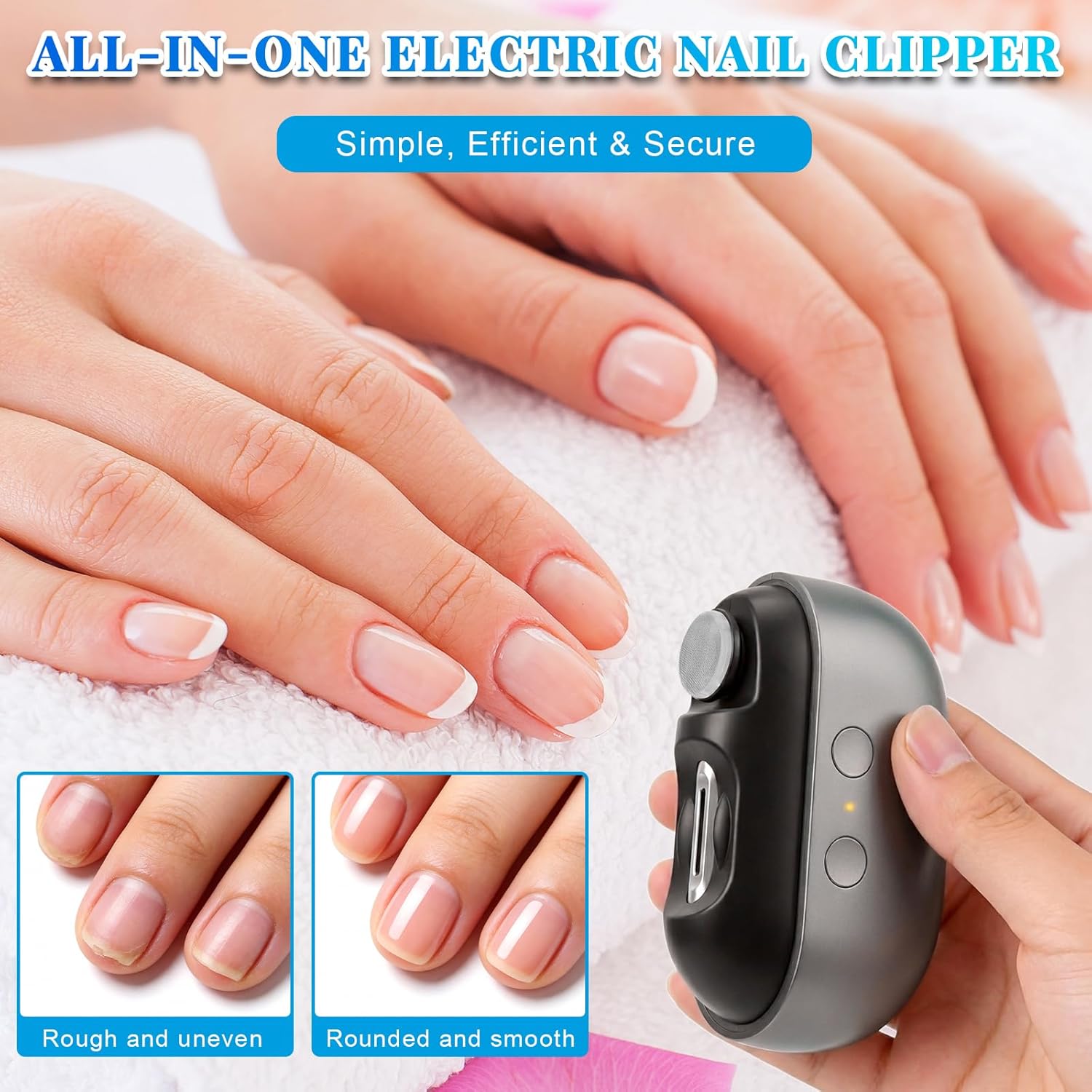 Electric Nail Clippers for Adults Seniors, 3 in 1 Automatic Nail Clipper Trimmer with Polisher/2 Speeds/LED Light/Nail File, 2026 Rechargeable Strong Power Nail Cutter for Fingernails Toenails Black