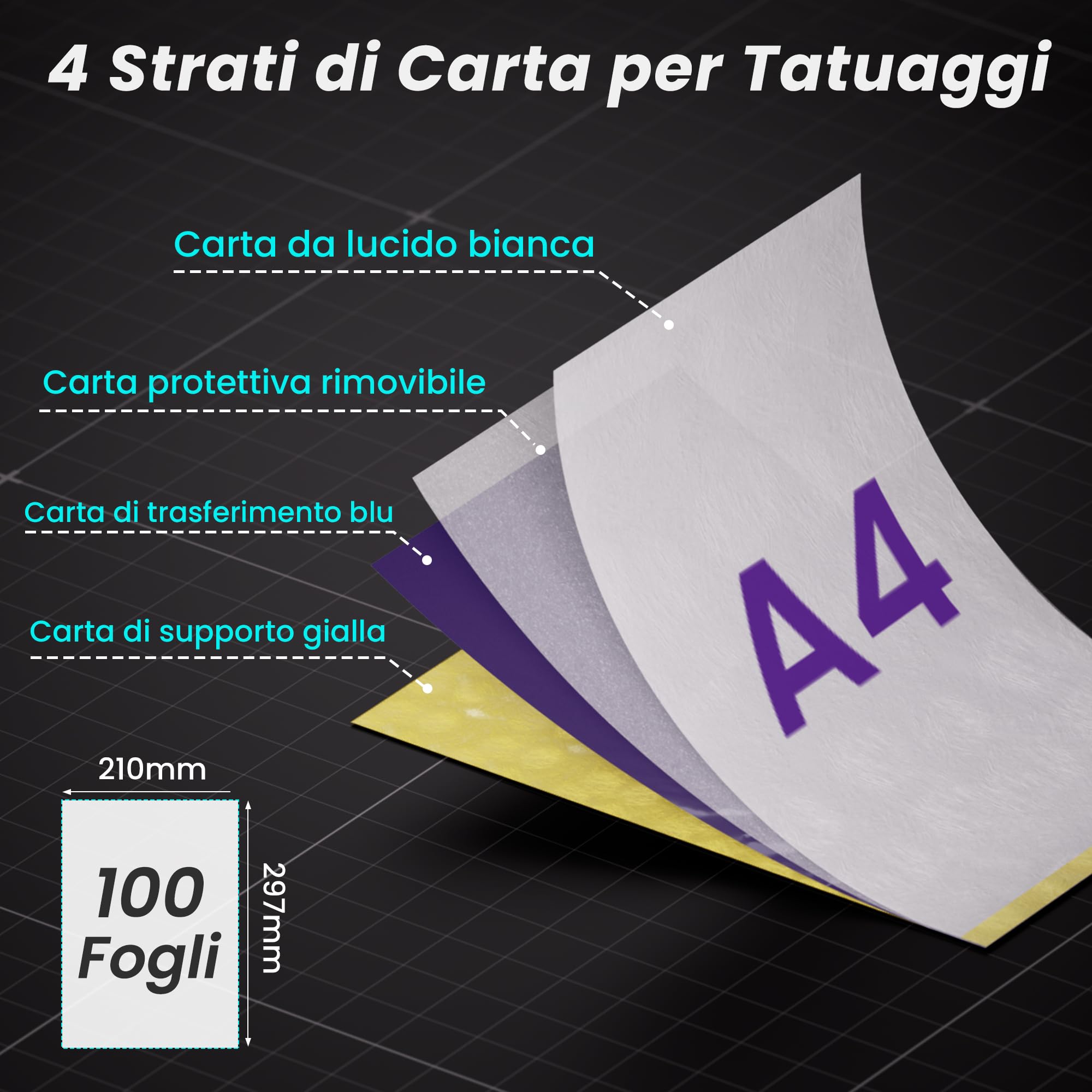 Foglio Stencil per Tattoo, 100 pz, Formato A4, Foglio Stencil Termico per Stampante Stencil Tattoo, Progettato per Artisti del Tattoo e Appassionati