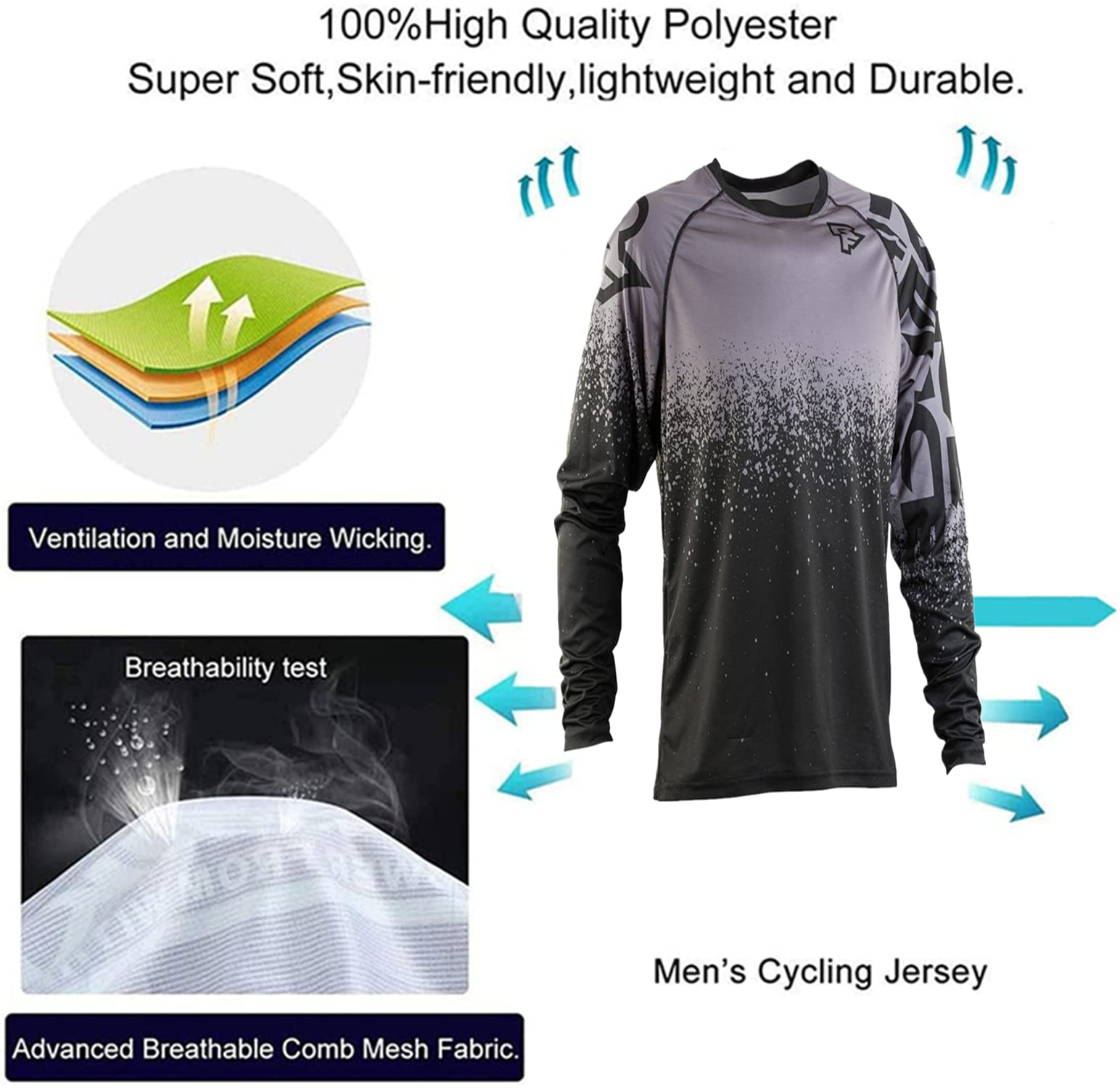 Homme Respirant Maillot Cyclisme, Manches Longues Vélo Jersey VTT Vêtements Séchage Séchage Rapide Cyclisme Tee Shirt