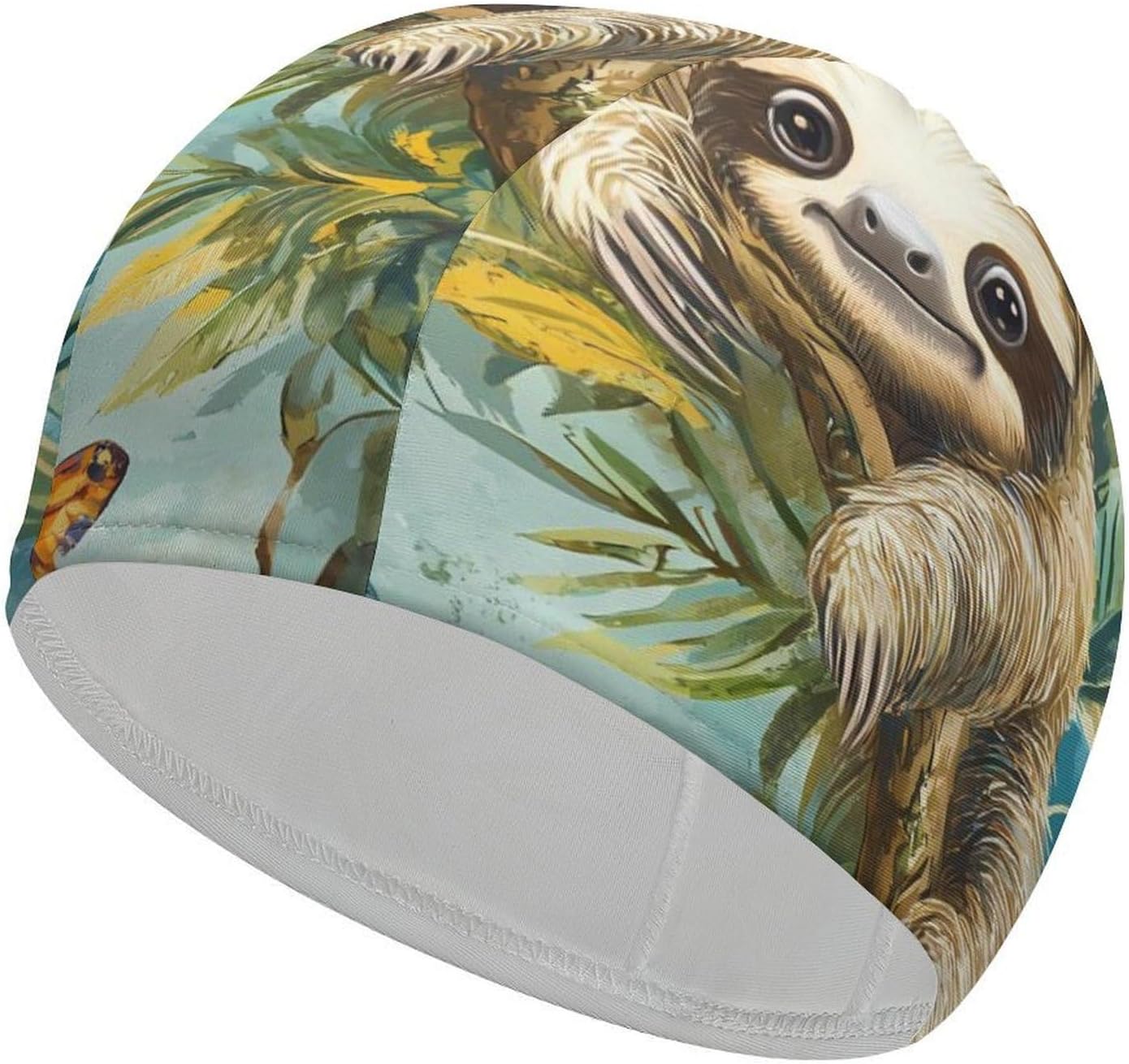 Sloth On A Tree Tropical Butterfly Womens Swim Cap for Men Adult Swimming Hat Curly Short Medium Long Hair