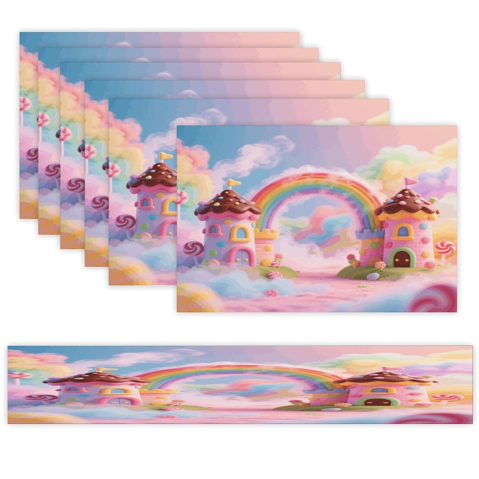Cute Rainbow Table Runner and Placemats Set of 7 Linen Table Mat Non-Slip Place Mats Washable Placemat Heat Resistant Place Mat with Table Runner for Party Dining Decor