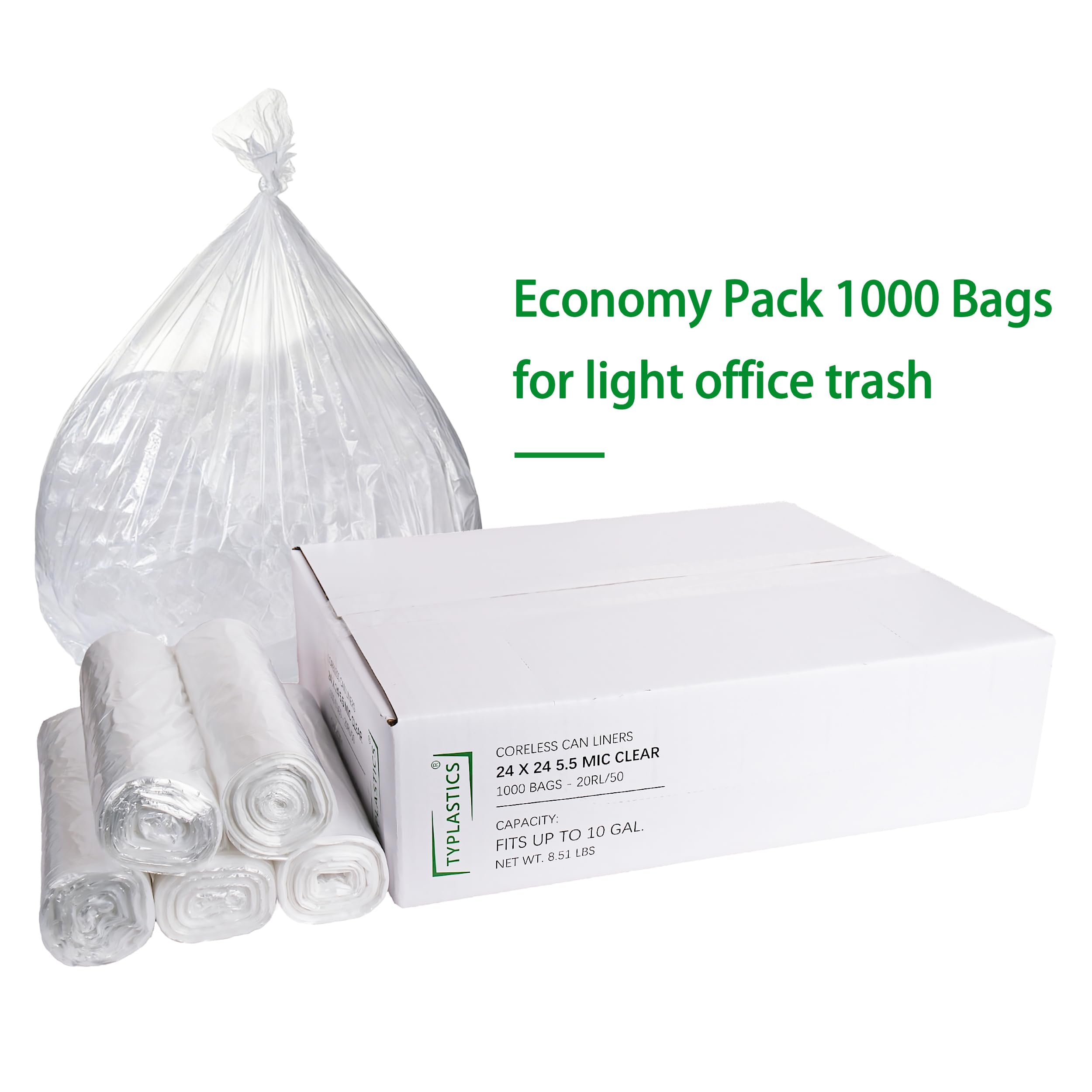 TYPLASTICS Worek na śmieci - sprzedaż hurtowa worków na śmieci o liczbie 1000 worków na śmieci na rolce perforowanej 7-25 litrów uniwersalny do biura łazienek biznesowych domu potrzeb komercyjnych i przemysłowych 61 cm x 61 cm