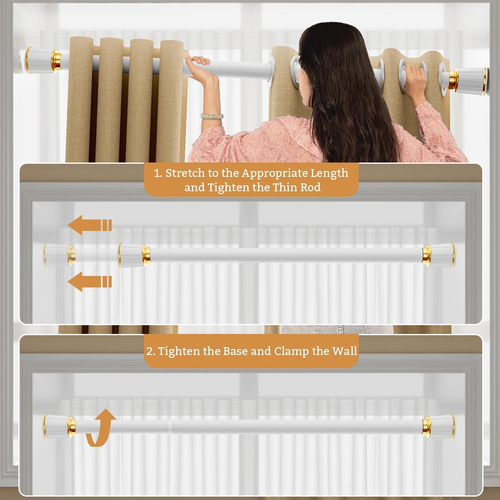 Gardinenstange mit verstellbarer Spannung, ohne Bohren, Edelstahl, Teleskopstange mit Ringen für Duschvorhang, Kleiderschrank & Schlafzimmer (Grau 410-500 cm)
