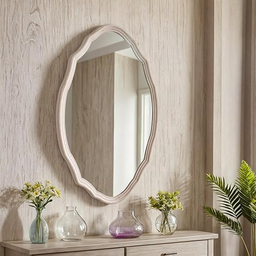 Miniatura 3 de Espejo de pared rústico festoneado de 24 x 36 pulgadas con marco de madera maciza envejecida, espejo decorativo ornamentado de forma irregular para