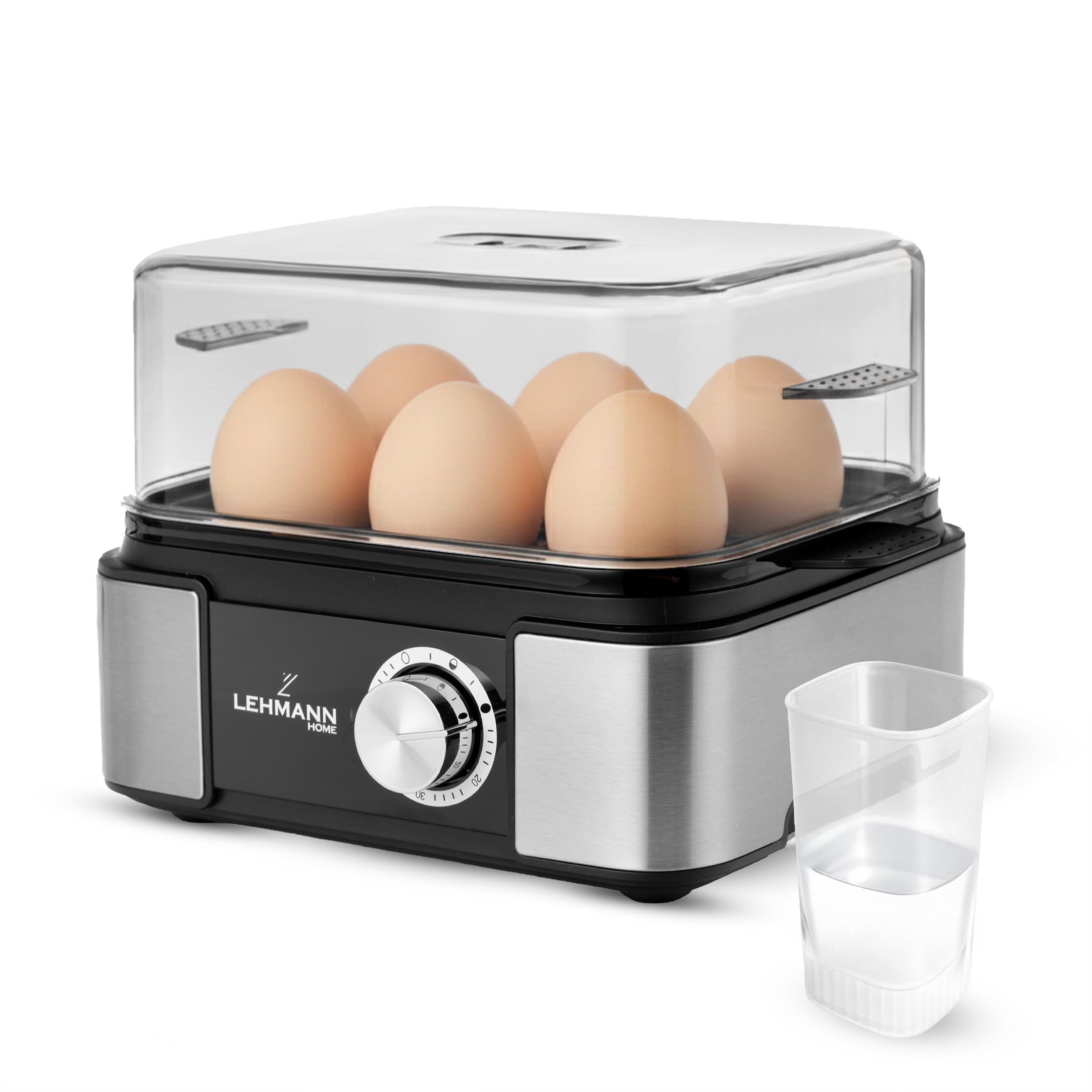 LEHMANN Cuociuova Elettrico per 6 Uova – Segnale Sonoro e Luminoso – Regolazione del Grado - Cuoci Uova Perfette grazie 5 programmi - Acciaio Inox - incl. Misurino per l’acqua con Perfora-uova