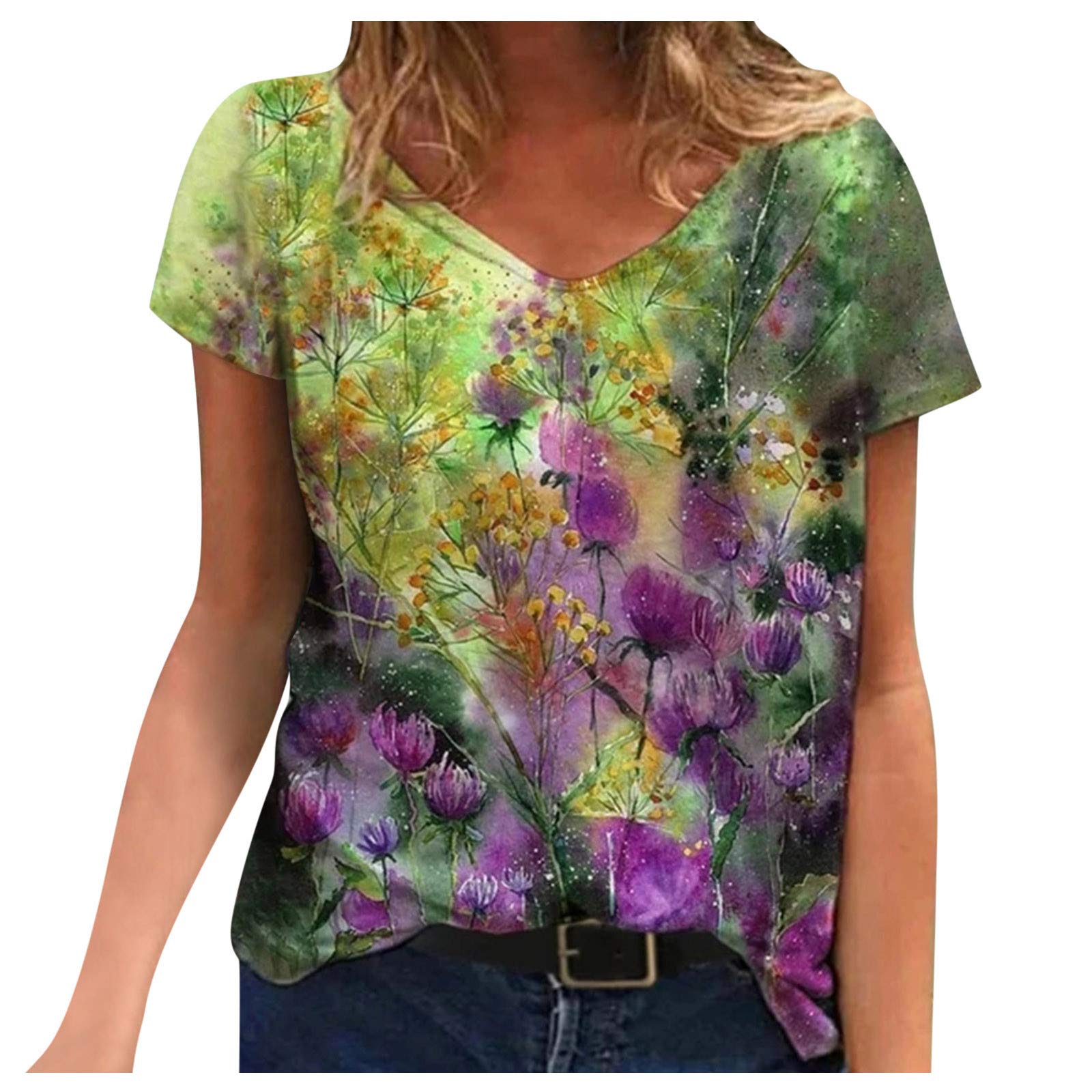 XXBR Summer Women's Short Sleeves T-Shirt, Flowers Butterfly Print Tee Tunics Casual V Neck Blouse Top for Women