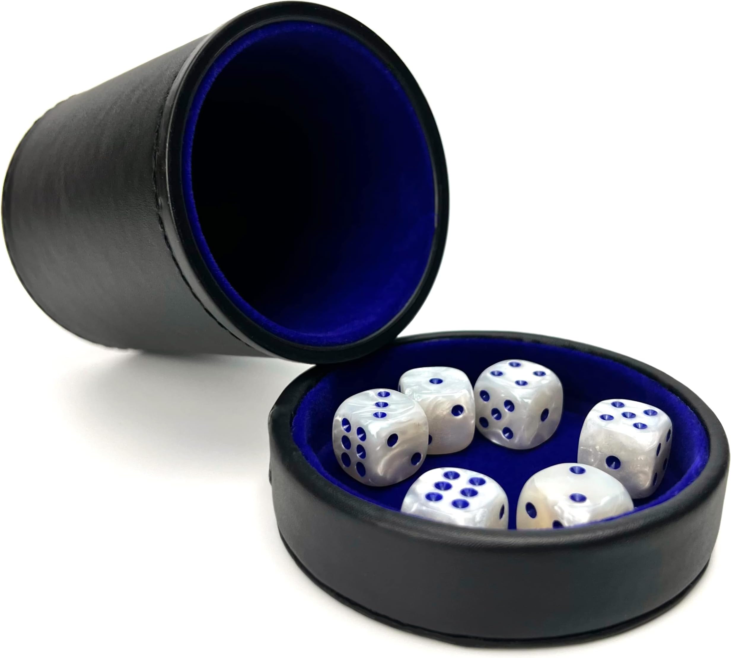 Luck Lab Black Leather Dice Cup with Lid Including 6 Matching Pearl Dice - Blue Velvet Interior for Quiet Shaking - Use for Liars Dice Farkle Yahtzee Board Games, Black