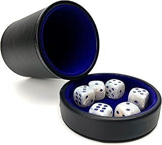 Luck Lab Black Leather Dice Cup with Lid Including 6 Matching Pearl Dice - Blue Velvet Interior for Quiet Shaking - Use fo...