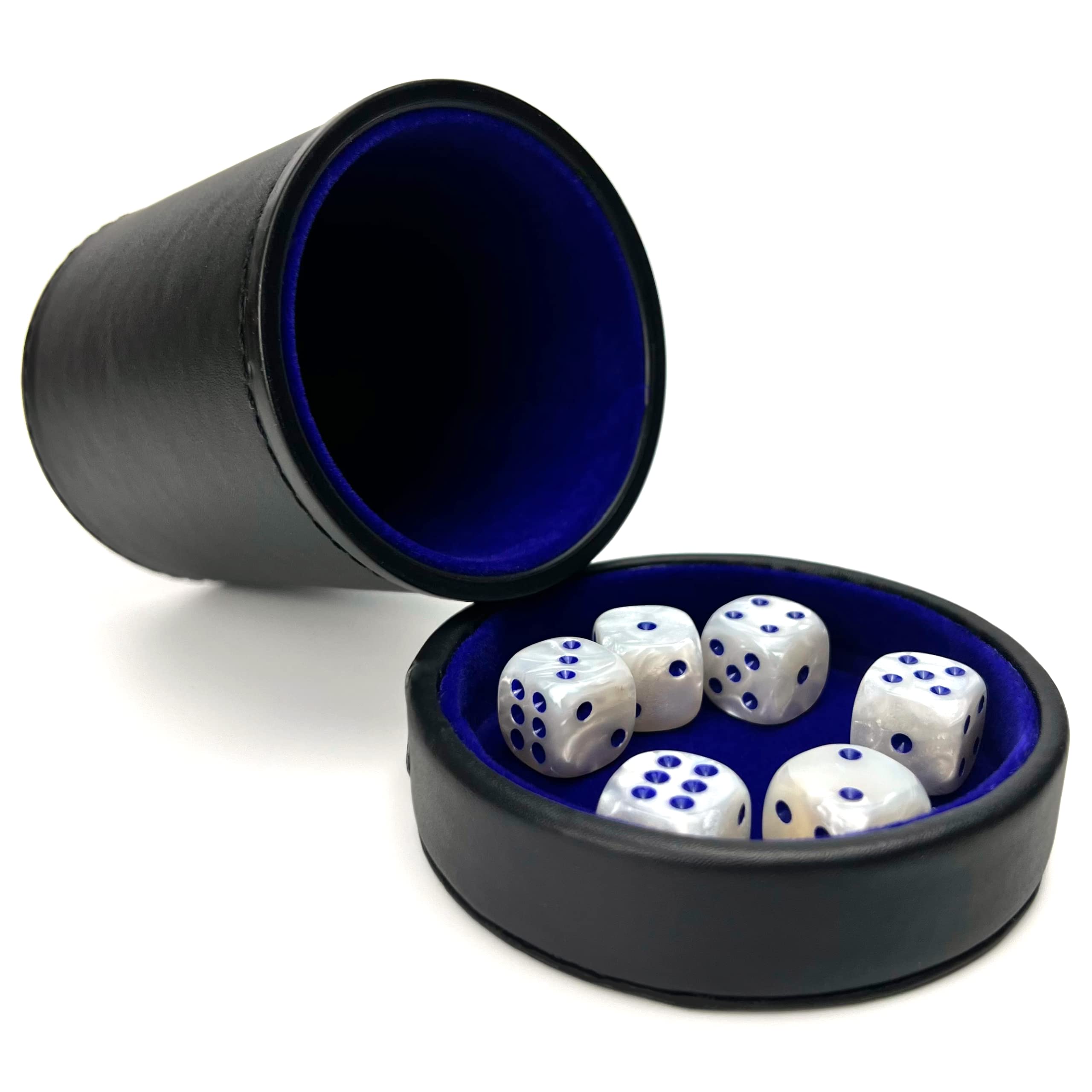 Luck Lab Black Leather Dice Cup with Lid Including 6 Matching Pearl Dice - Blue Velvet Interior for Quiet Shaking - Use for Liars Dice Farkle Yahtzee
