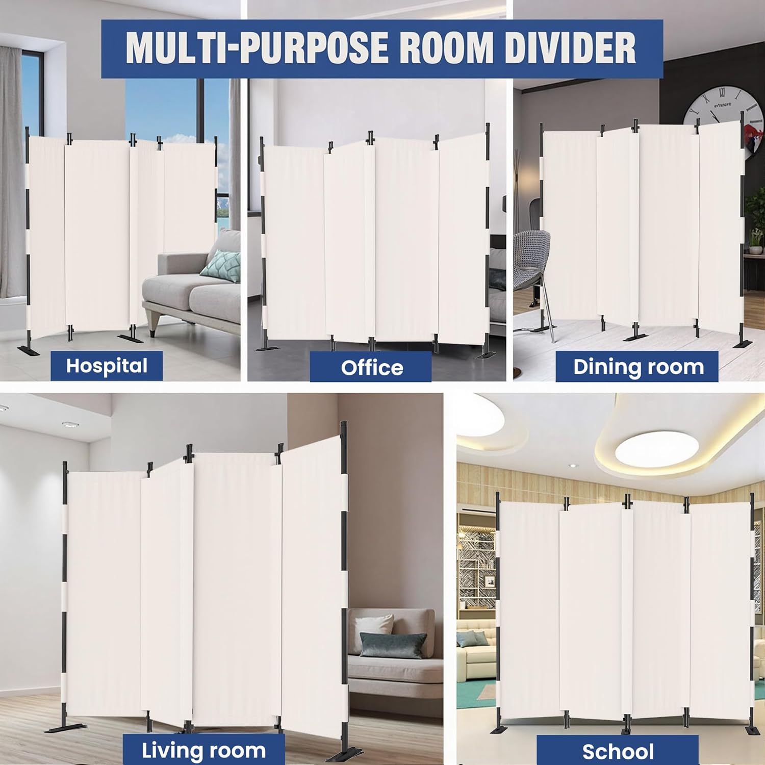 Various scenarios where the room divider can be used, including hospital, office, dining room, living room, and school.