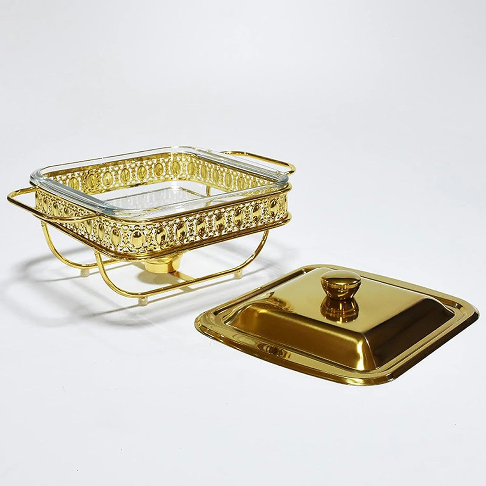 Calentador de Alimentos - Juego de Buffet de Acero Inoxidable con Tapa de Vidrio y Soporte Incorporado, diseño Redondo para Fiestas, cenas y Catering.