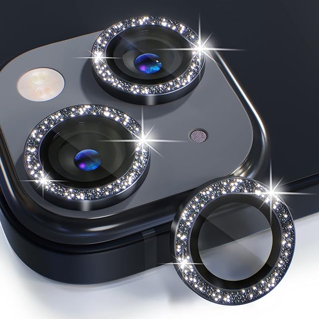 Choiche [2+1 for iPhone 14/iPhone 14 Plus Camera Lens Protector Bling, 9H Tempered Glass Camera Cover Screen Protector Metal Ring Decoration Accessories (Glitter-Black)