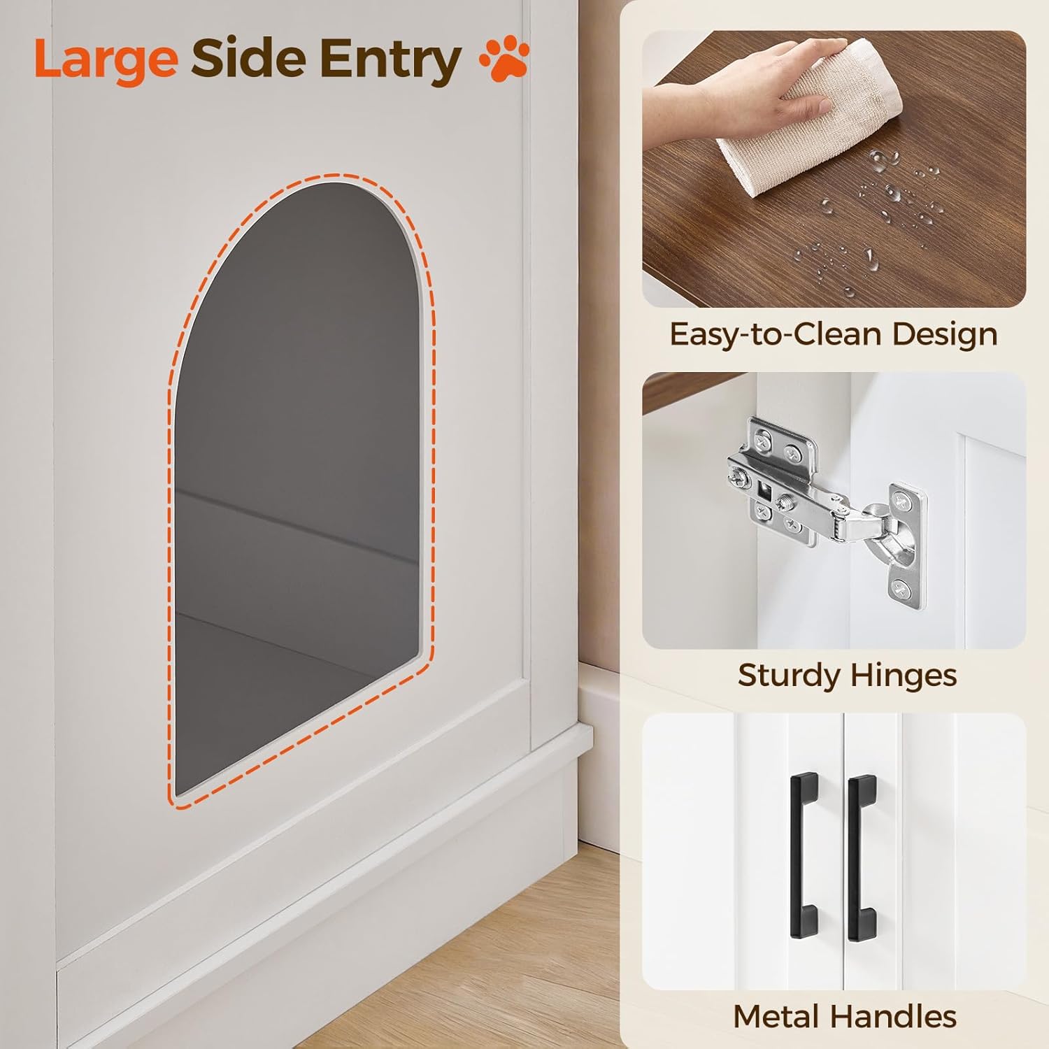 Large Cat Litter Box Enclosure, 33.5" Tall Hidden Litter Box Furniture for Small Self Cleaning Litter Box, Farmhouse Wooden Litter Box Cabinet, Cats House, Side Table, White and Walnut