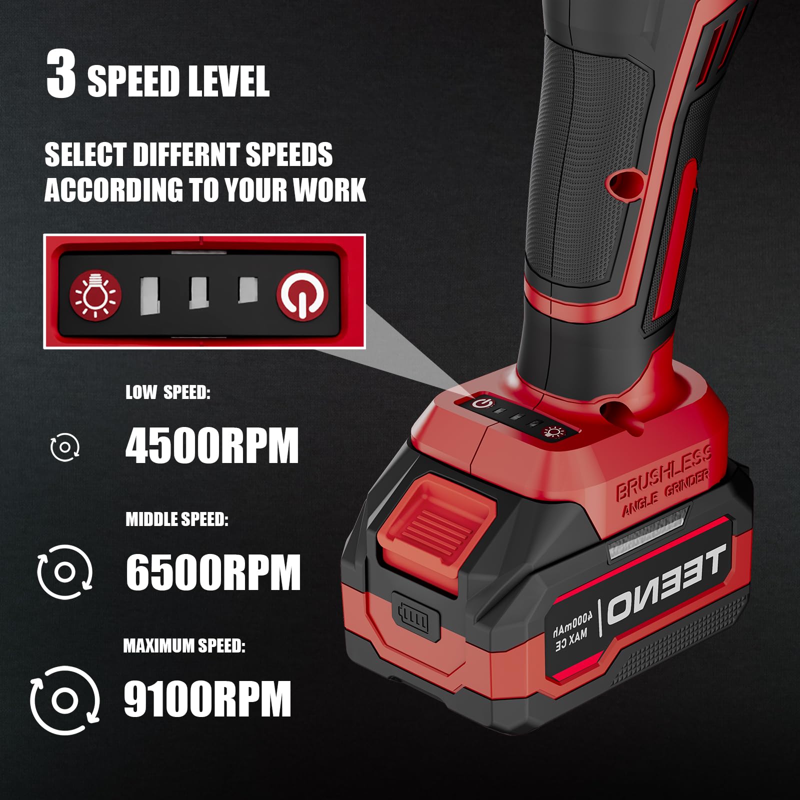 Smerigliatrice Angolare Senza Fili TEENO 21V 1000W - Flessibile a Batteria con 2 Batterie 4000mAh, 9100 RPM - Kit Completo con 14 Accessori (Disco Taglio/Lucidatura) - Pronto all'Uso
